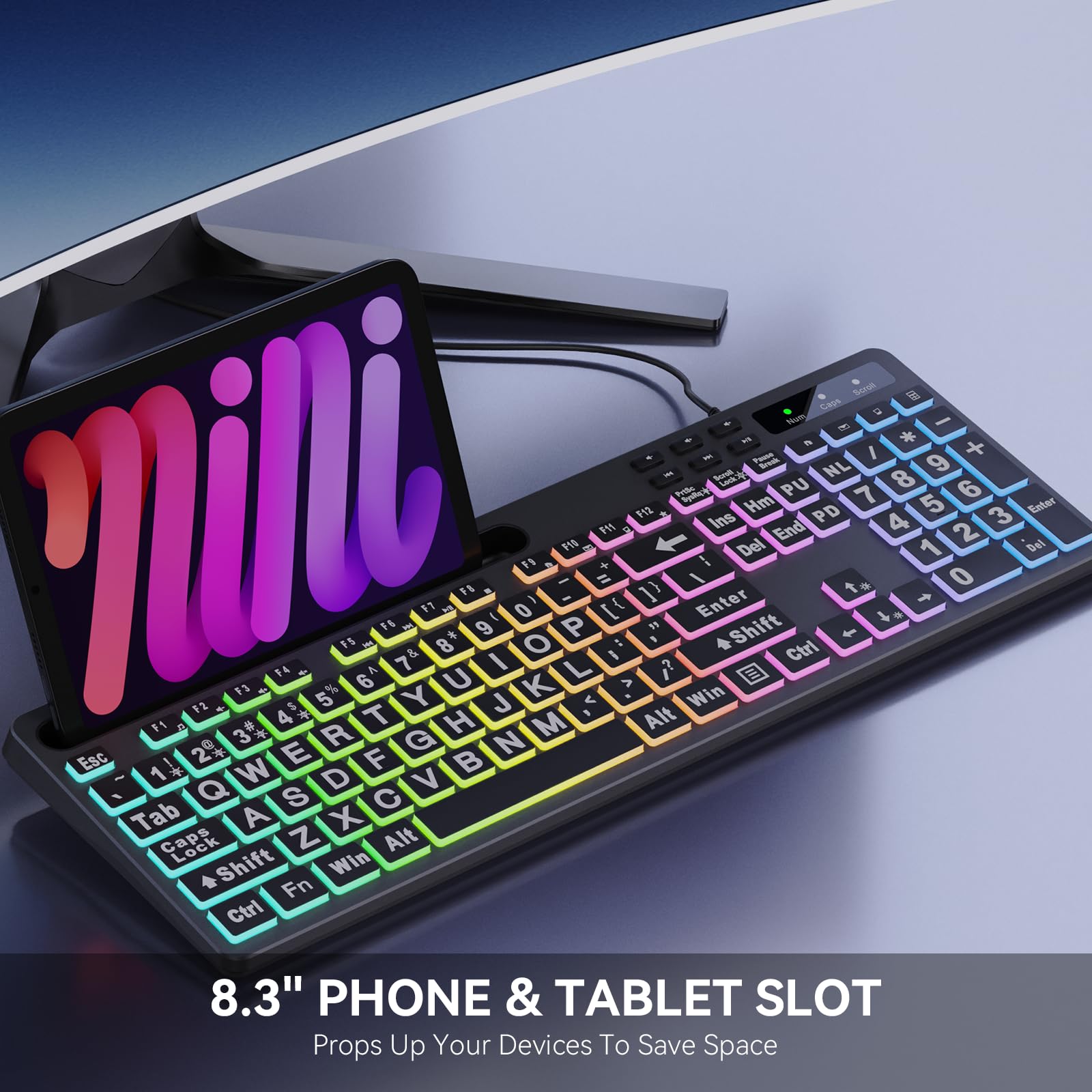 Marvo Large Print Backlit Keyboard, Wk712 Wired Computer Keyboard With 7 Colors & 11 Modes Backlight, Silent Light Up Keyboard With Tablet Phone Holder, Full Size Gaming Keyboard For Windows, Mac