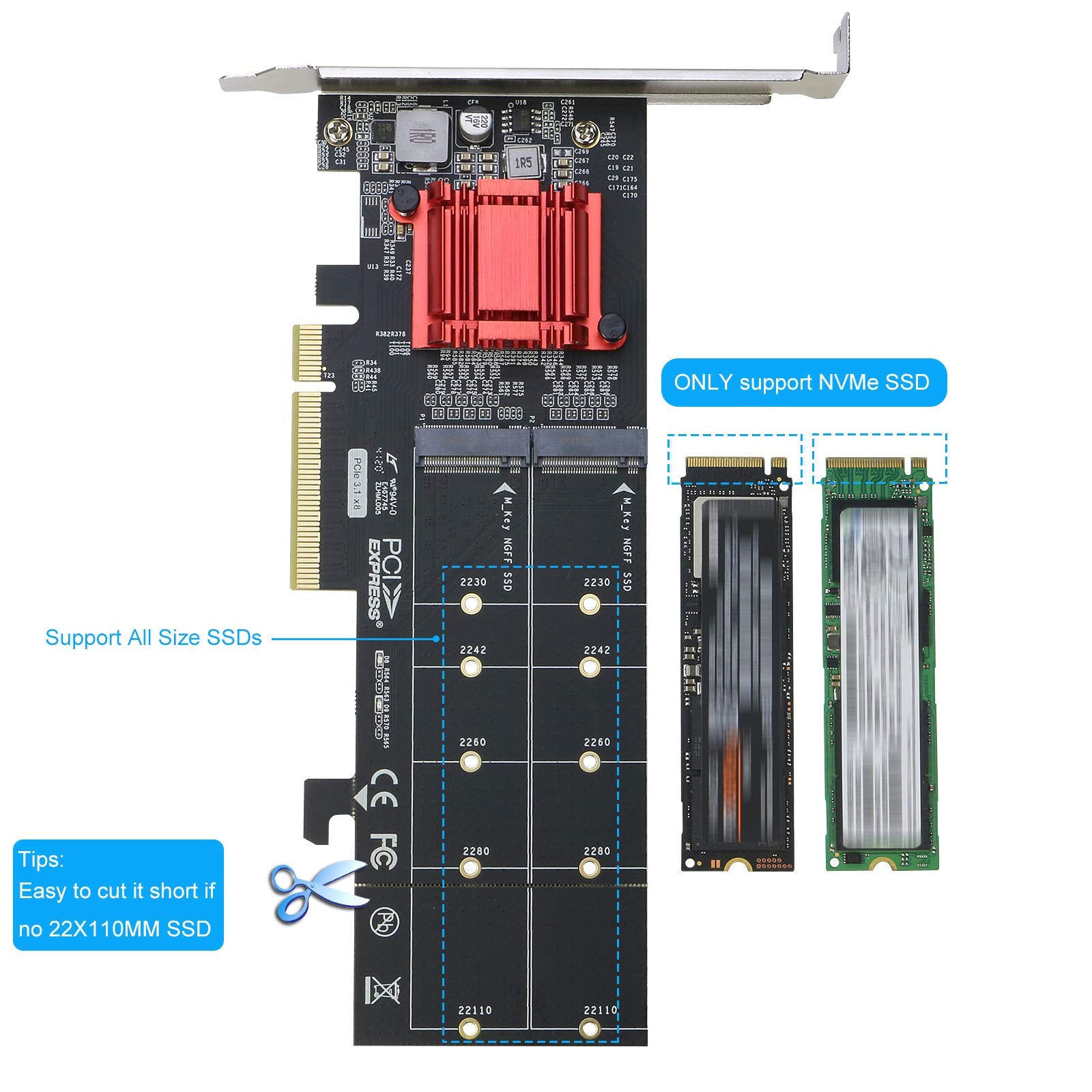 Dual Nvme Pcie Adapter, Riitop M.2 Nvme Ssd To Pci E 3.1 X8/X16 Card Support M.2 (M Key) Nvme Ssd 22110/2280/2260/2242/2230