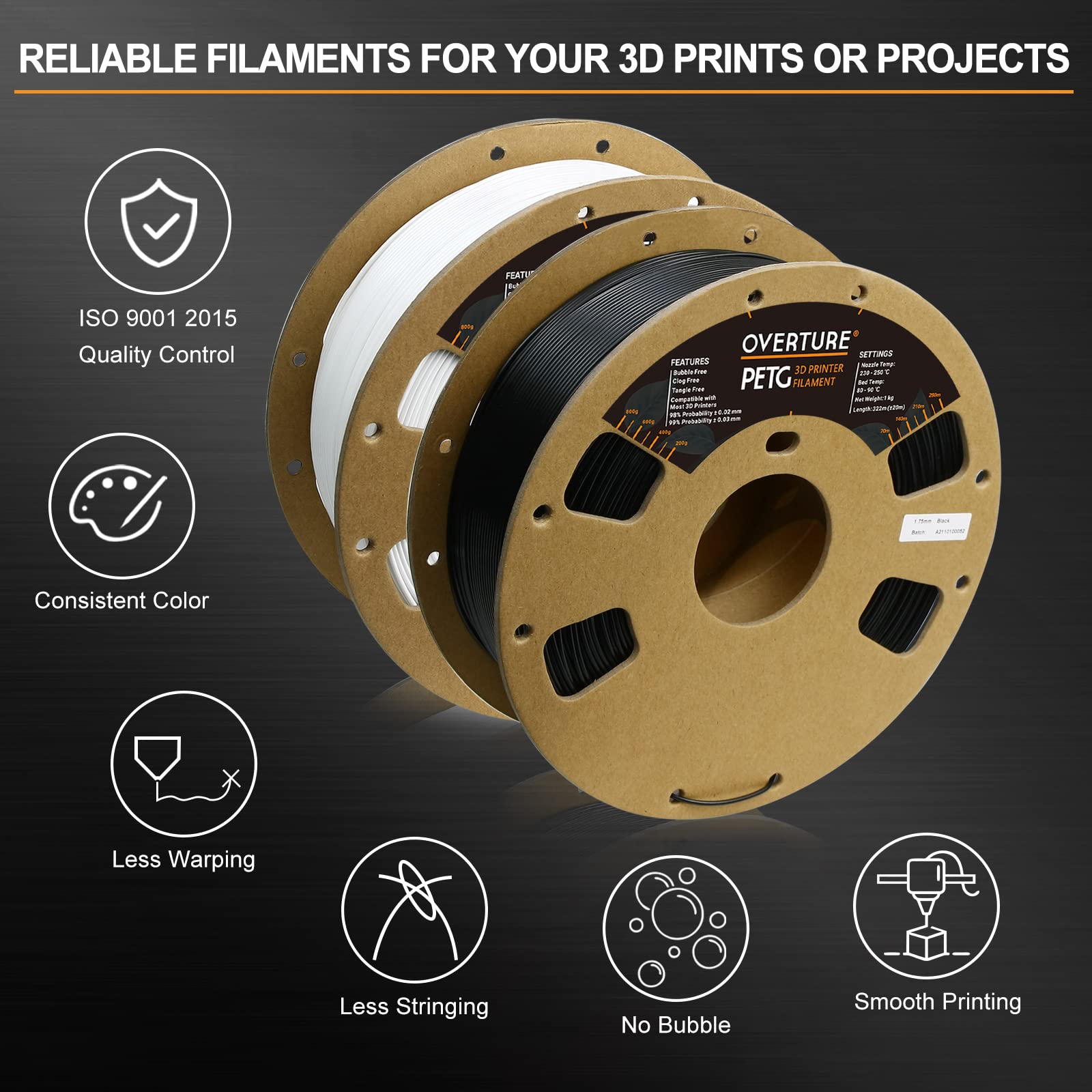 Overture Petg Filament 1.75Mm, 3D Printer Filament, 2Kg Filament (4.4Lbs), Dimensional Accuracy 99% Probability +/  0.03 Mm, Fit