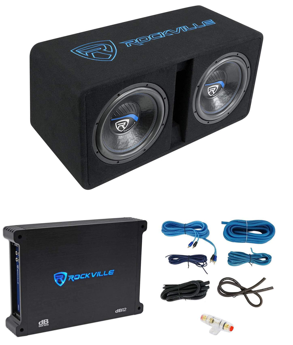 Rockville DK512 PACKAGE Dual 12' 2800w K5 Car Subwoofer Enclosure+DB12 Amplifier