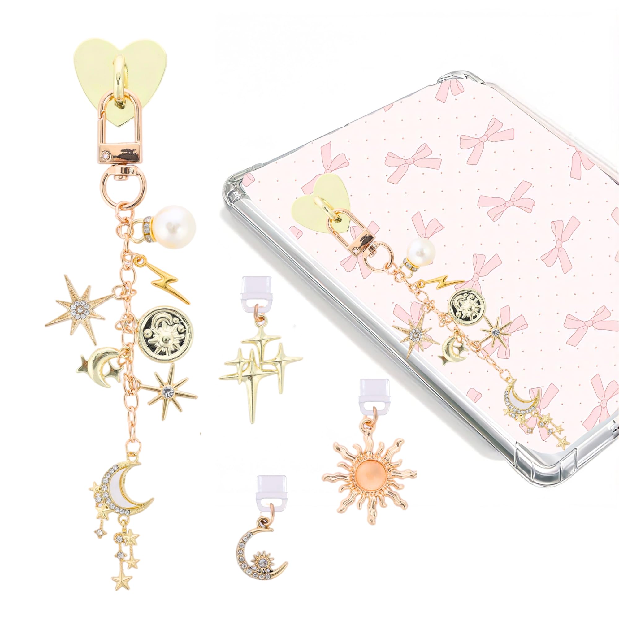 TAKEALOOKO Dust Plug Charm Chains Set for Kindle - 4Pcs Cute Star Moon E-Reader Phone Charms Type C Dustplug & Bracelet Strap De