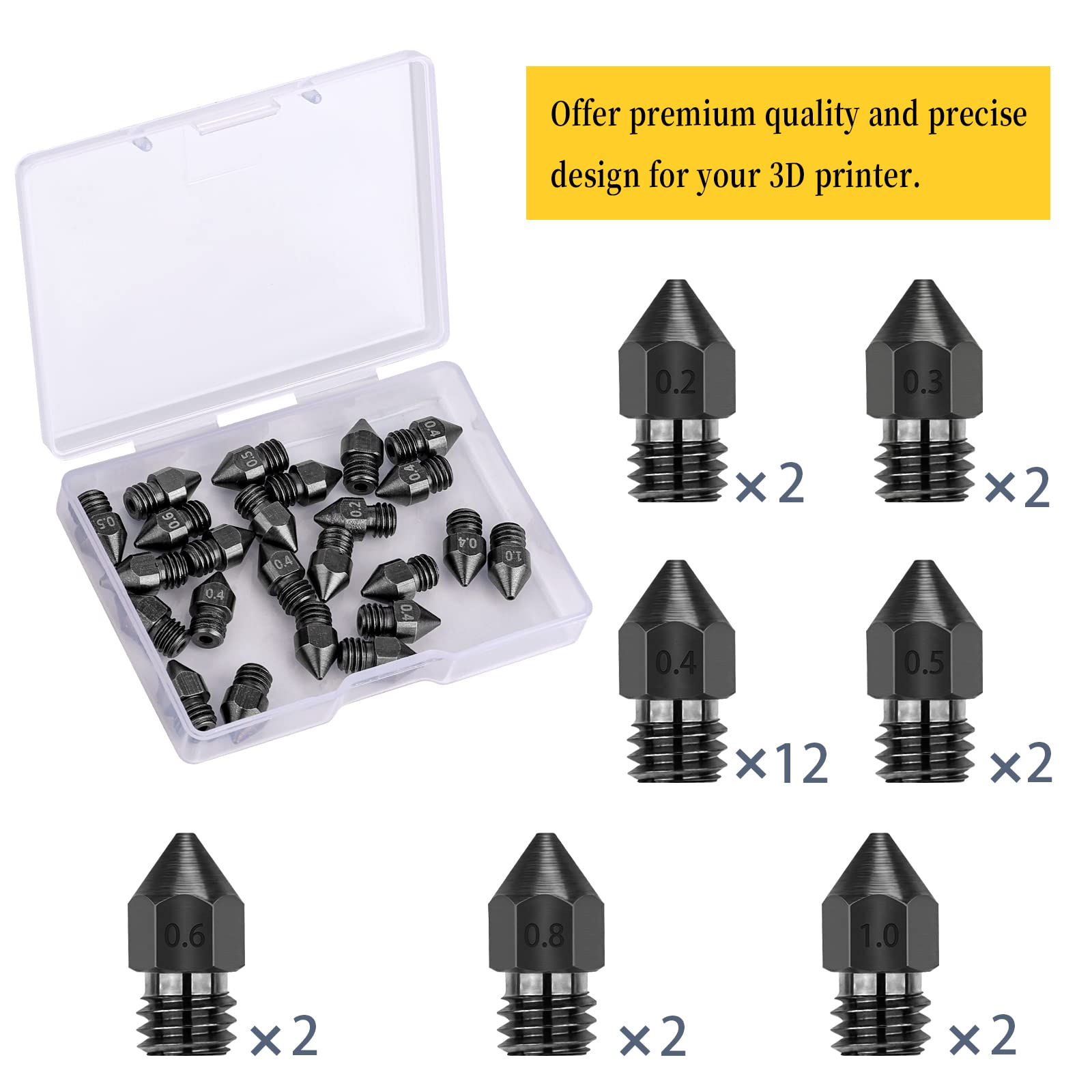 Luter 24Pcs 3D Printer Nozzles,Hardened Steel Nozzles Extruder For Mk8 0.2Mm, 0.3Mm, 0.4Mm, 0.5Mm, 0.6Mm, 0.8Mm, 1.0Mm With Stor