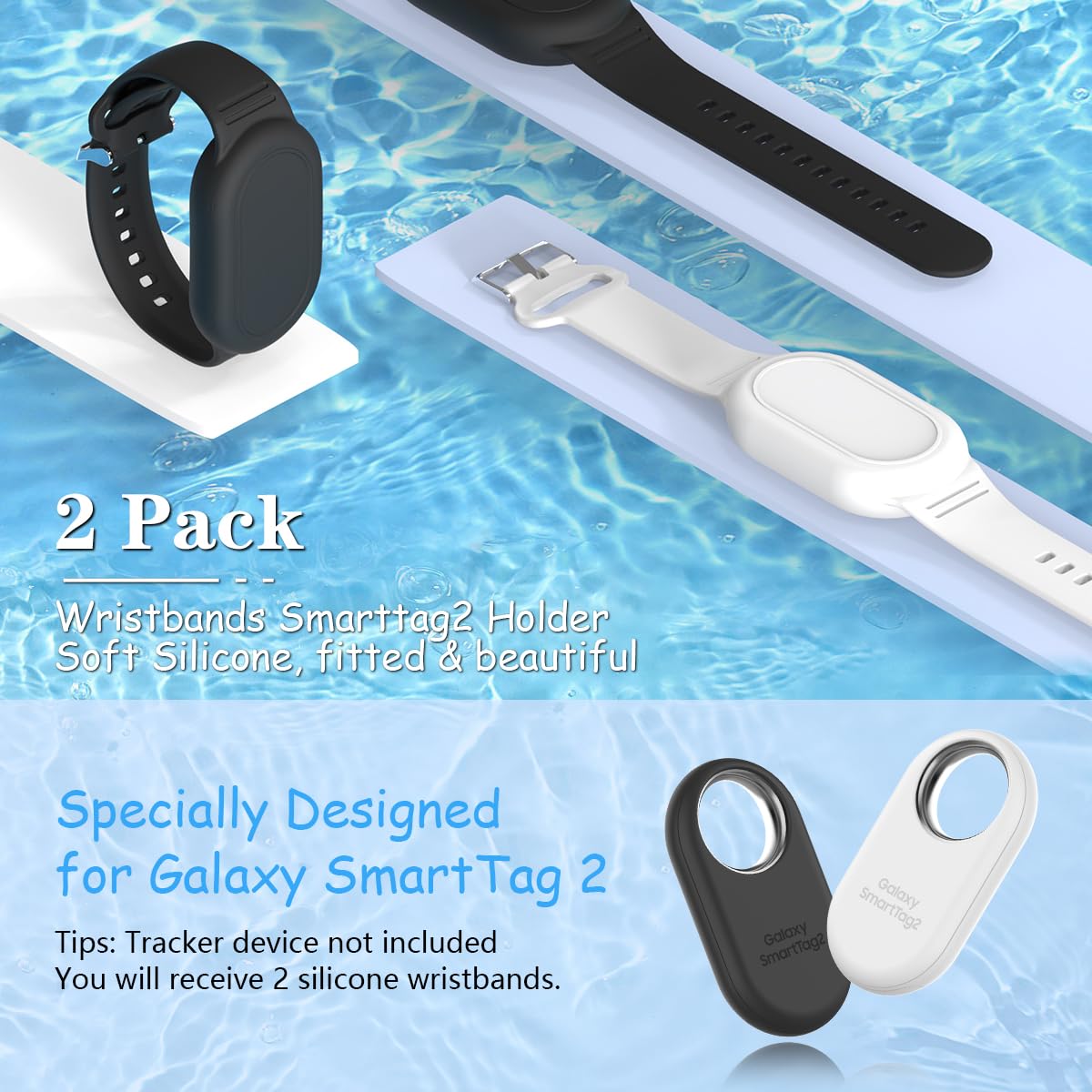 BIQIRE Silicone Wristband Holder for Samsung Galaxy SmartTag 2 - 2-Pack (Black+White) - Ideal for Kids and Elderly