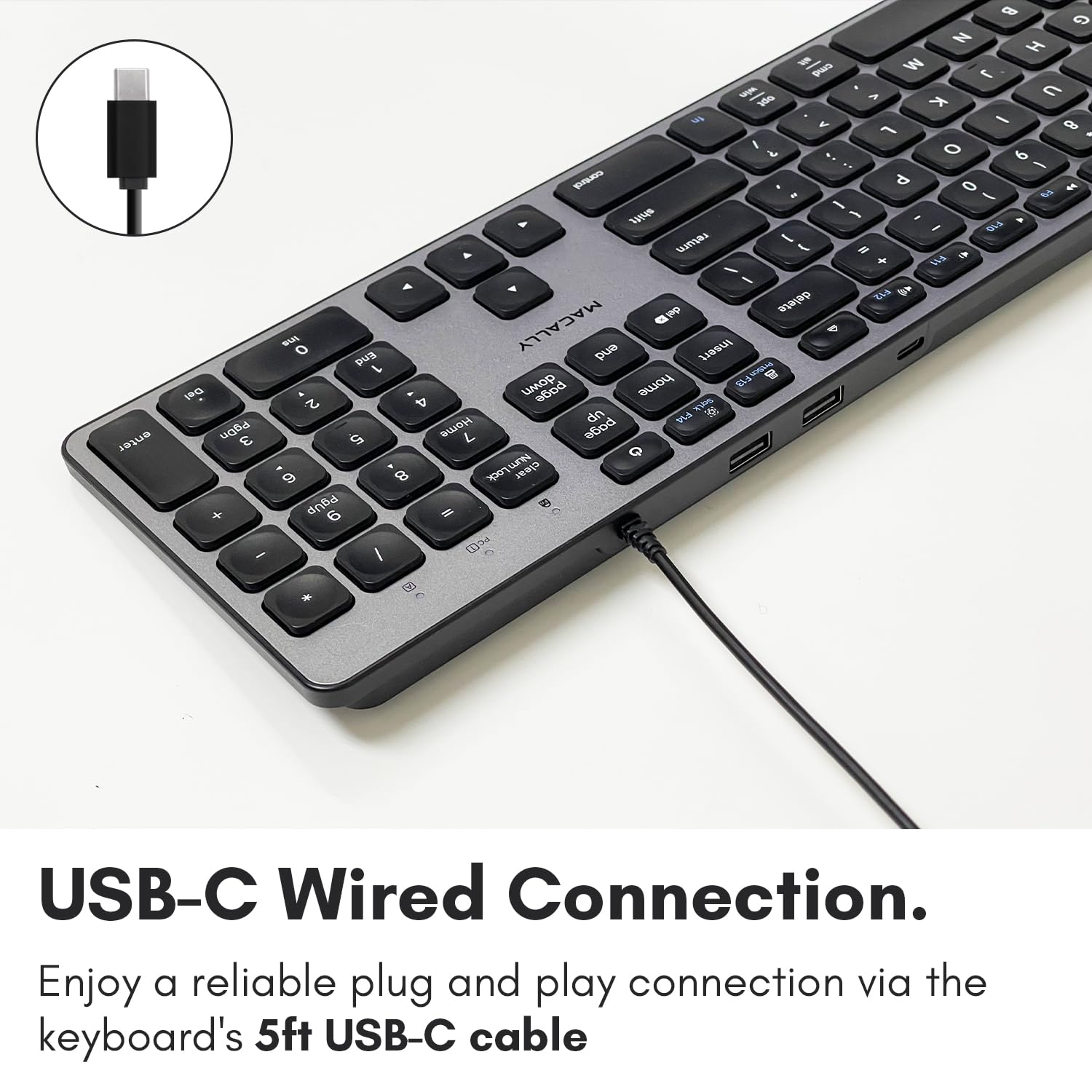 Macally Premium Wired Usb C Keyboard With Usb Ports   Connect Up To 3 Devices   (2X Usb A |1X Usb C Ports)   Wired Keyboard For