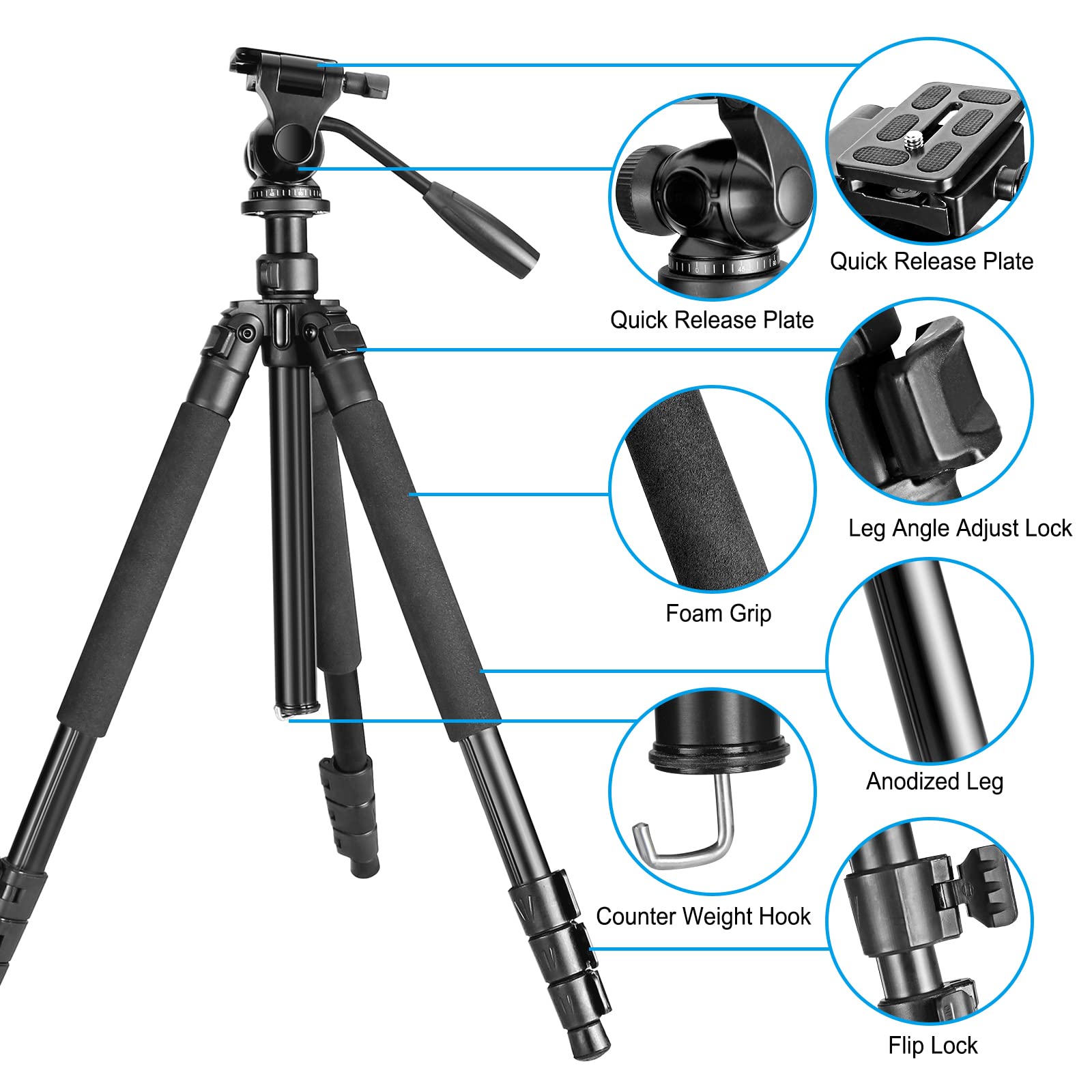Celticbird 64.5 Inch Travel Portable Tripod  Compatible With Slr Cameras, Cell Phones, Binoculars, Spotting Scopes, Monoculars