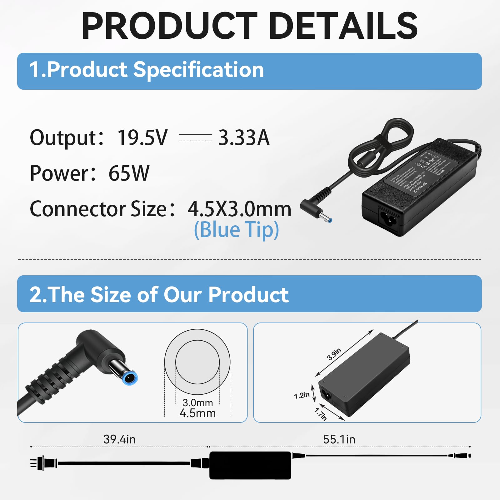 65W Blue Tip Laptop Charger For Hp Probook 450 G10 G9 440 450 455 470 G3 G4 G5 G7 G8 For Probook 640 650 G5 G6 For Hp Elitebook