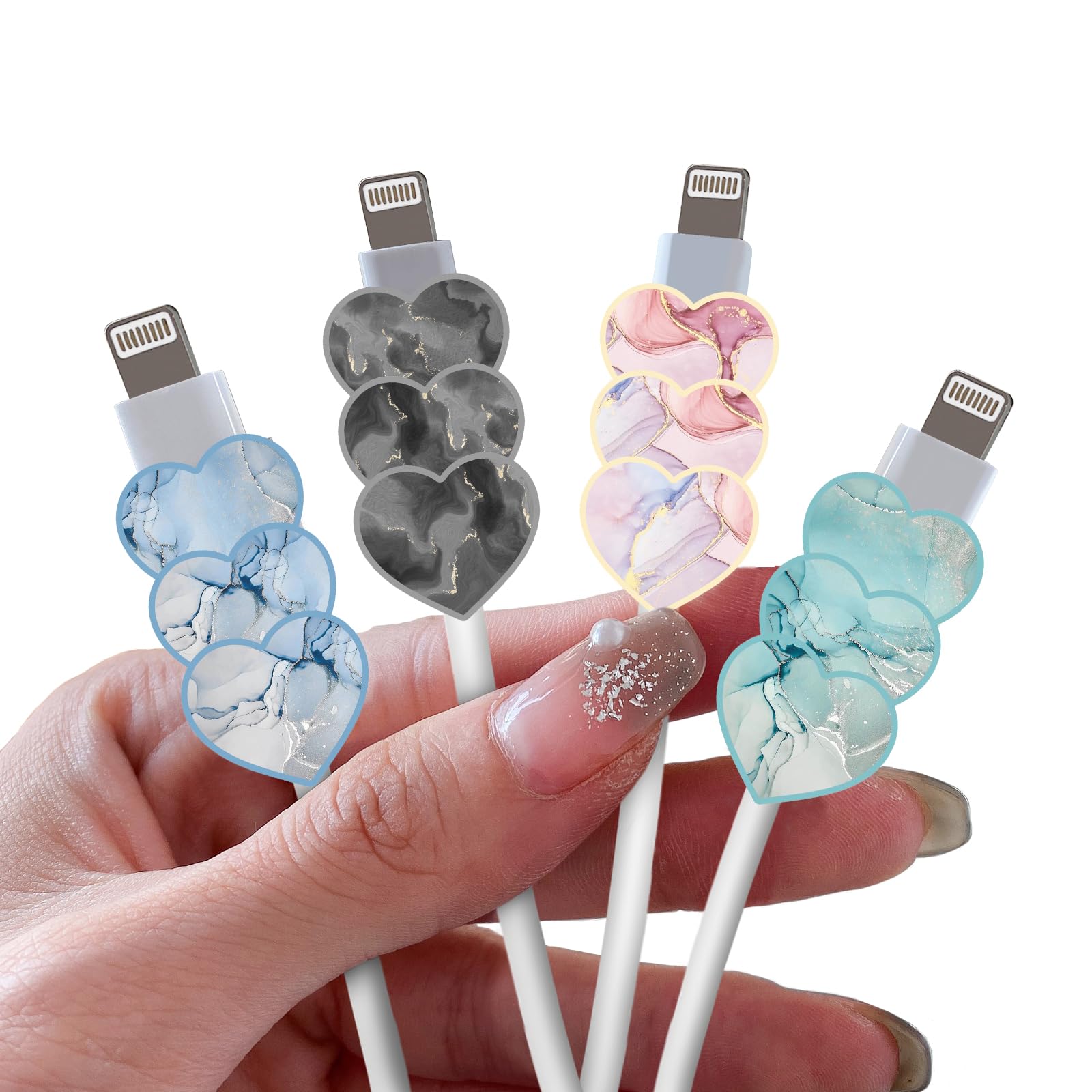 Lovely Cable Protector For Iphone Type C Charger,Heart Shape Sparkle Marble Pattern 4 Pcs Set Cable Phone Protector For Women Gi