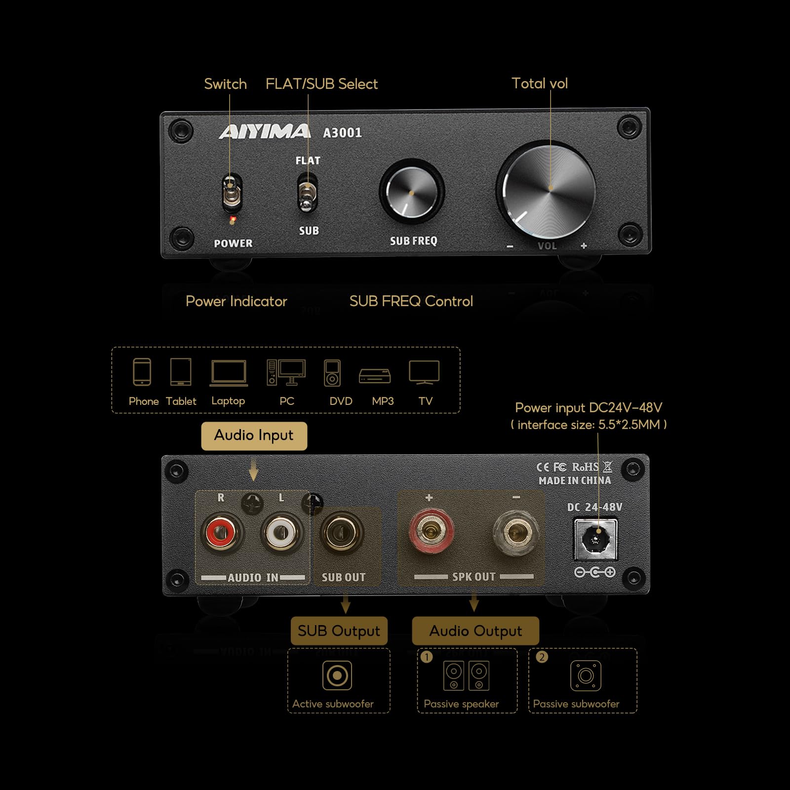 Aiyima A3001 Mini Stereo Amp 300W Subwoofer Amplifier Tpa3255 Class D Mono Amp With Full Frequency & Sub Bass Home Audio Speaker Amp+ Dc36V 6A Power Adapter