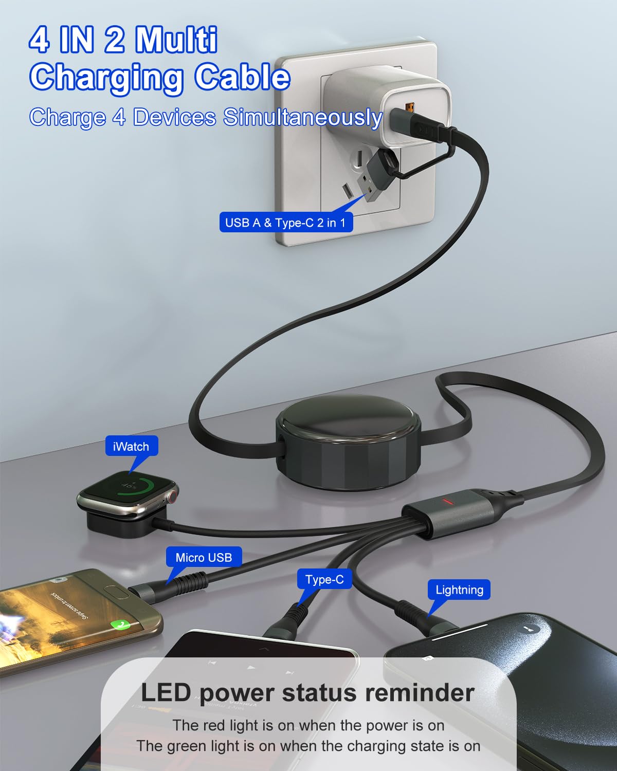 Retractable Multi Charging Cable For Apple Watch - 100W 4 In 1 Retractable Charging Cable With Lightning/Micro/Type C/Iwatch Por