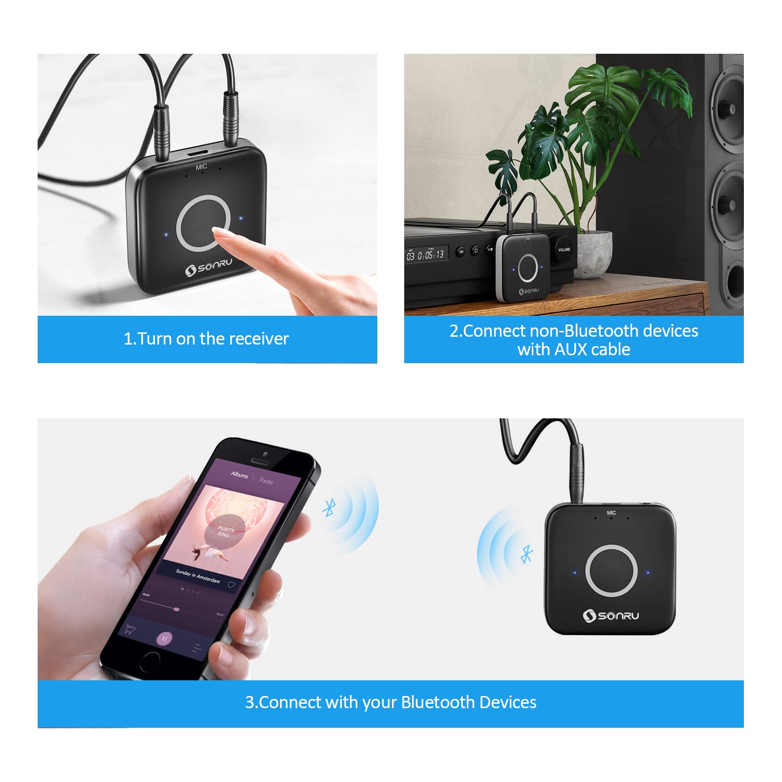 Bluetooth Aux Adapter For Car, Sonru Bluetooth 5.3 Wireless Audio Receiver Adapter For Home Stereo/Wired Headphones/Hands Free C