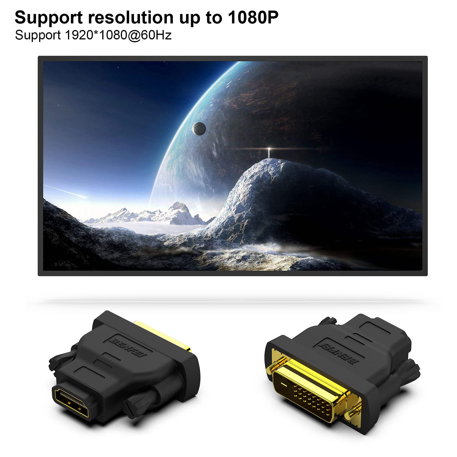 Benfei Dvi To Hdmi, Bidirectional Dvi (Dvi D) To Hdmi Male To Female Adapter With Gold Plated Cord 4 Pack