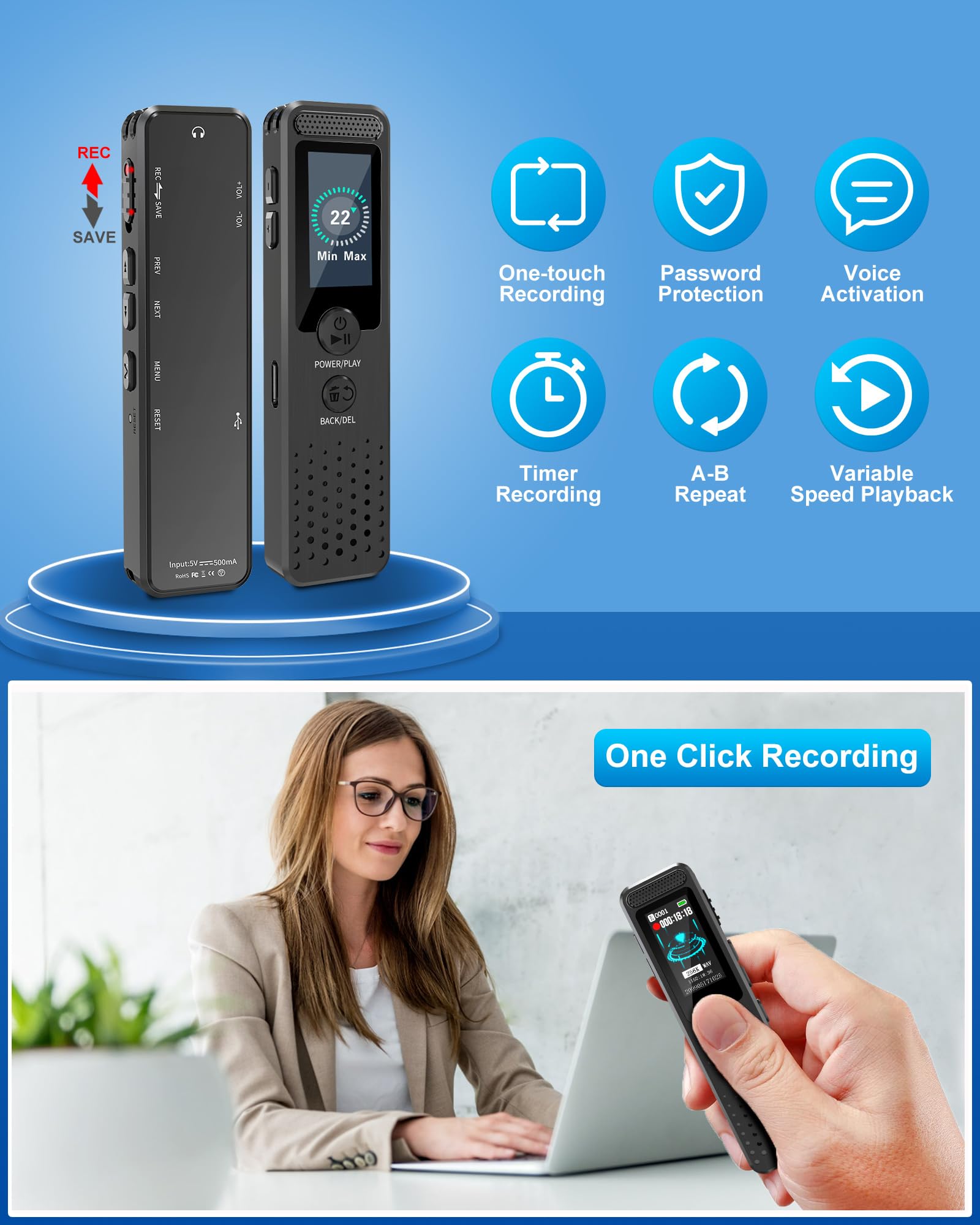 128Gb Mini Voice Recorder With 2159 Professional Noise Reduction And Up To 1536Kbps Lossless Sound Quality, Voice Activated Reco