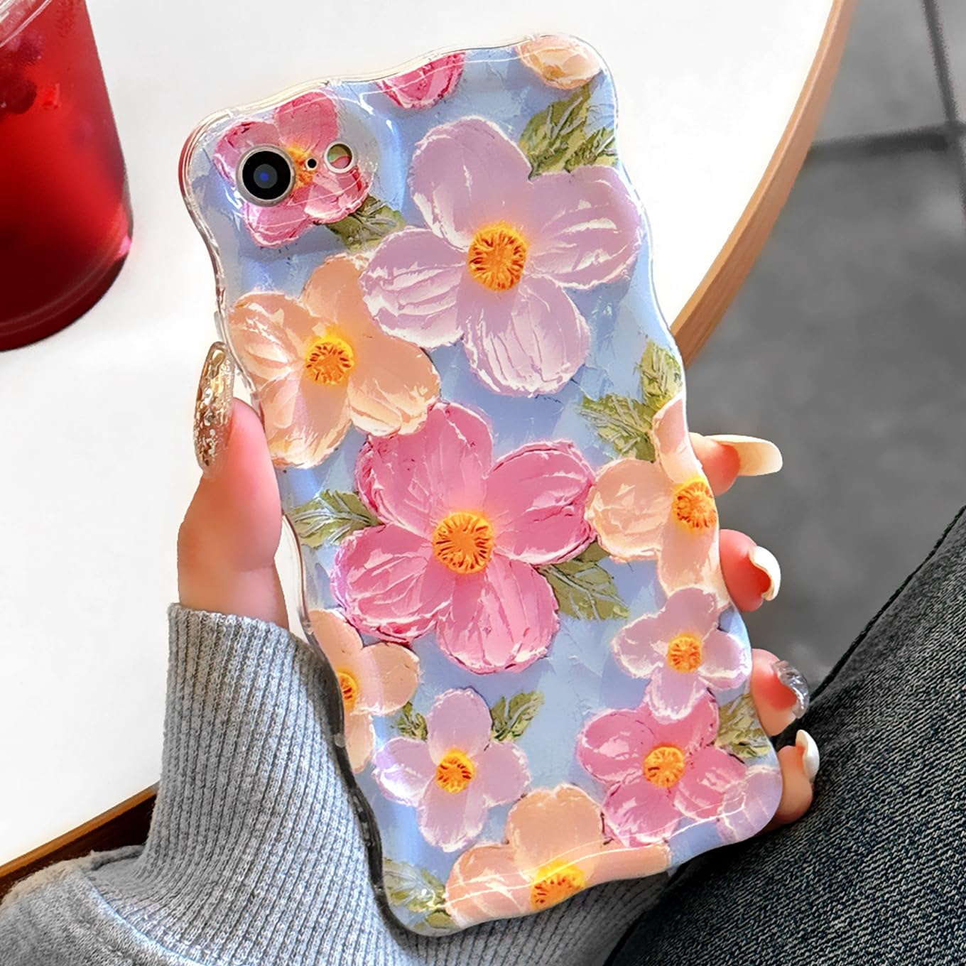 rafamau Floral Case for iPhone 7/8/SE 2020/SE 2022, Curly Wave Frame Flower Phone Case for Girls Women Soft Protective Cover 4.7