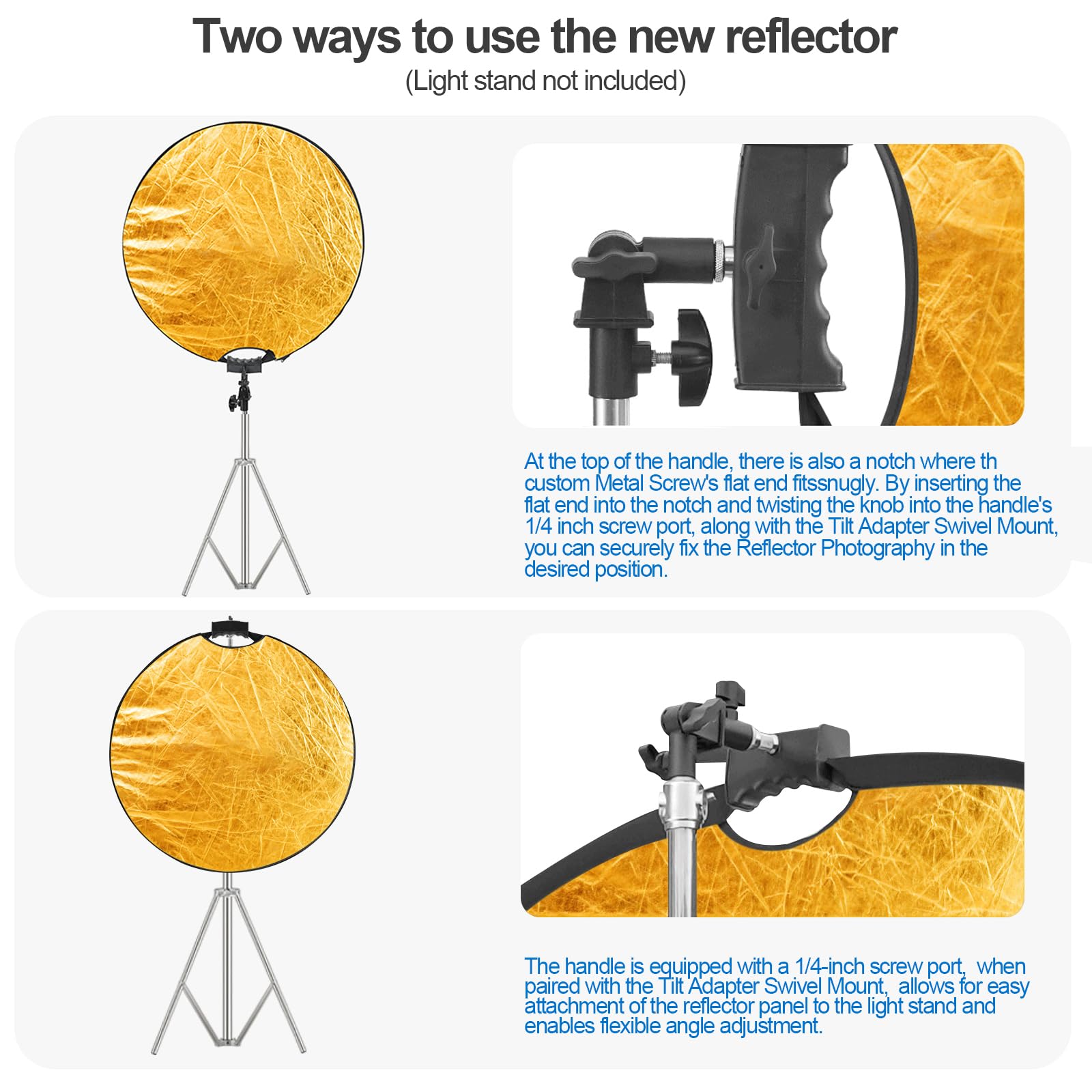 Wellmaking 32 Inch (80Cm) Reflector Photography, Collapsible Light Reflector With Threaded Handle & Tilt Adapter, 5 In 1 Handle