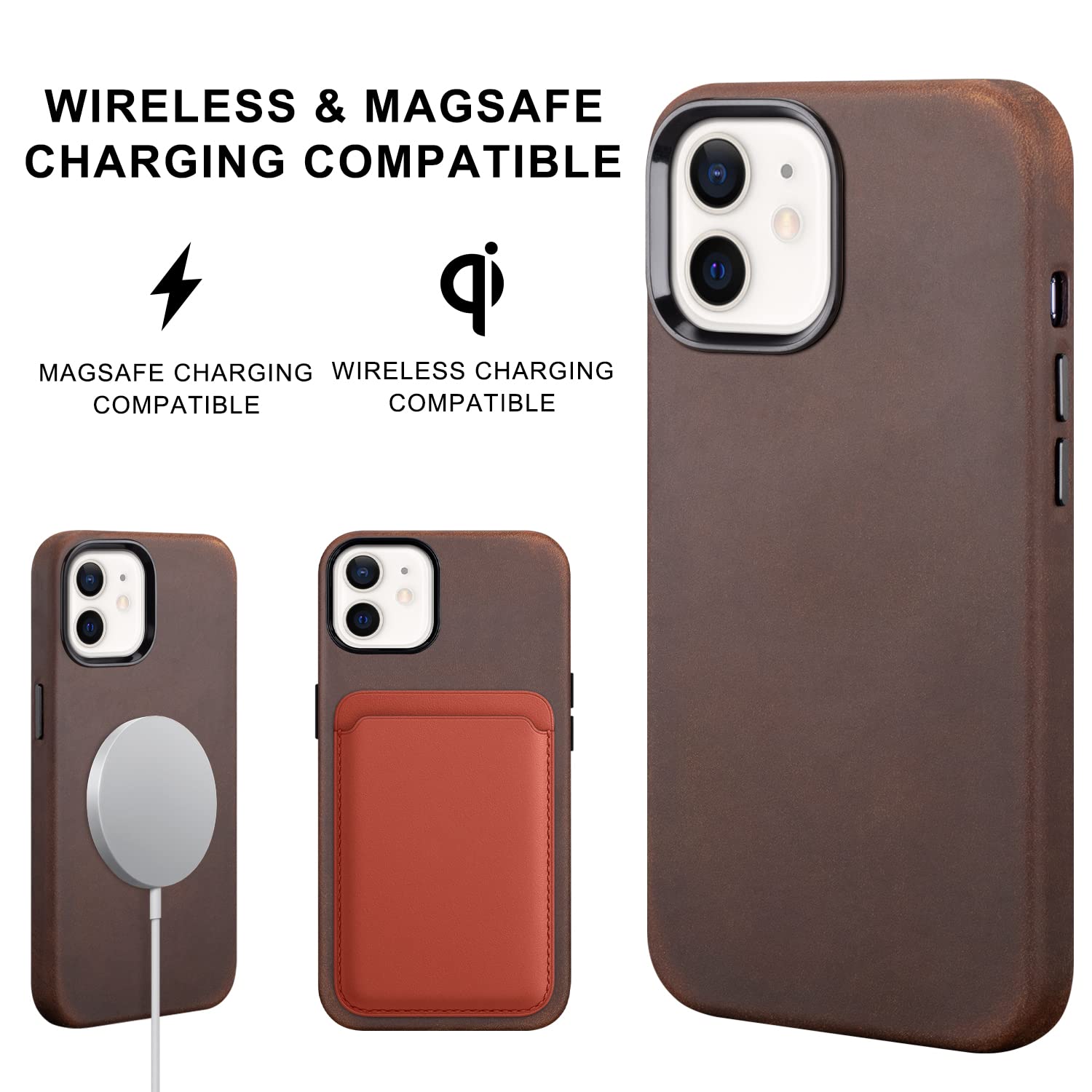 Maogoam For Iphone 12/12 Pro Case Leather, Genuine Crazy Horse Leather Case For Iphone 12/12 Pro,Compatible With Magsafe, Indian