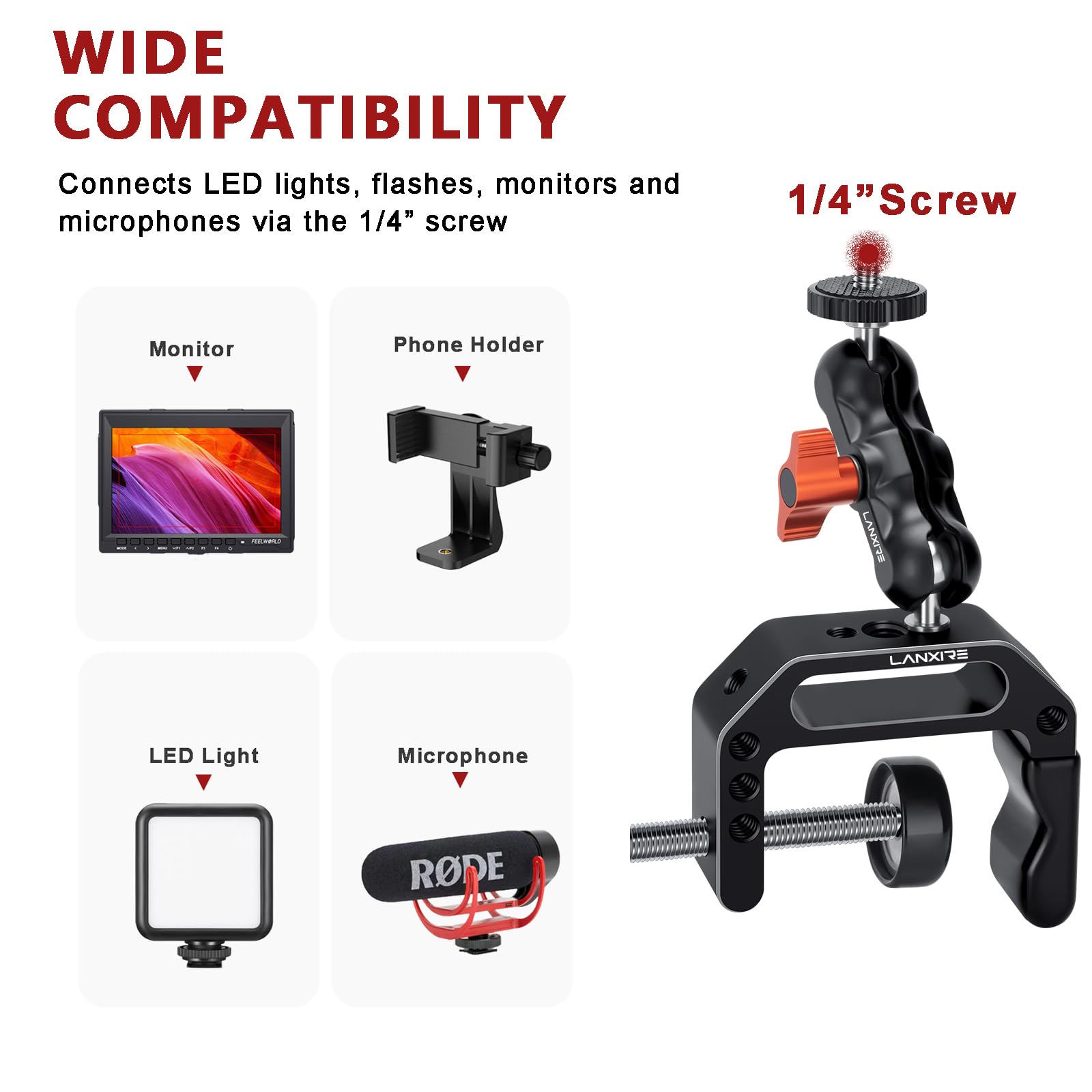 Lanxire Camera Clamp Mount C Clamp With 1/4'' Screw Magic Arm   Double Ball Head Adapter   Perfect For Dslr Cameras, Led Video L