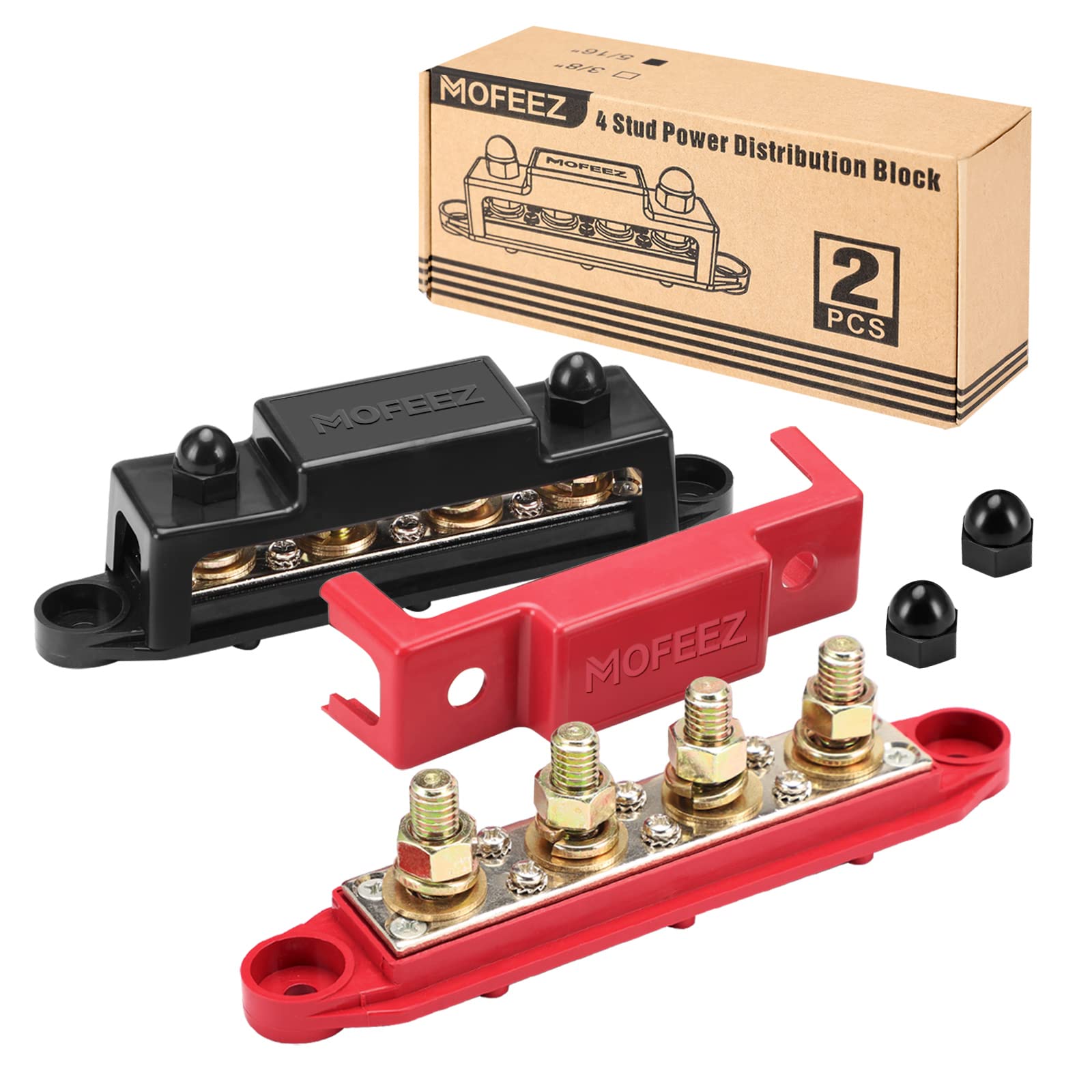 Mofeez Power Distribution Block Bus Bar, 4 X 516 Posts, 6 X #8 Screws Terminals, Max 48V 250A (Pair, Red & Black)