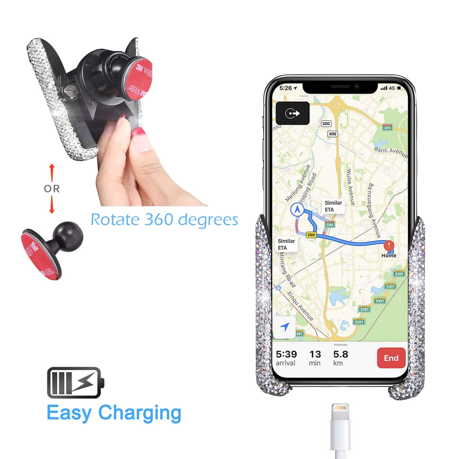 Keepfine Bling Crystal Car Phone Mount With Free Glasses Holders For Car Sun Visor,Universal Cell Phone Holder For Dashboard,Win