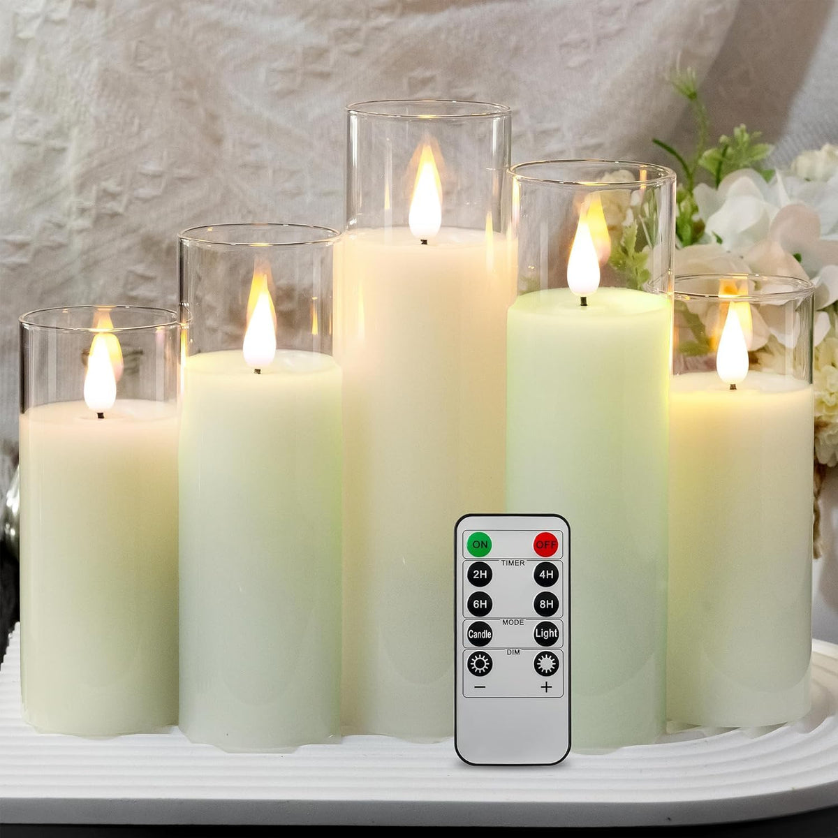 Niceme 5Pcs Clear Glass Led Flameless Candles With Remote Timer, Flickering Battery Operated Pillar Candles Teardrop Flame Black