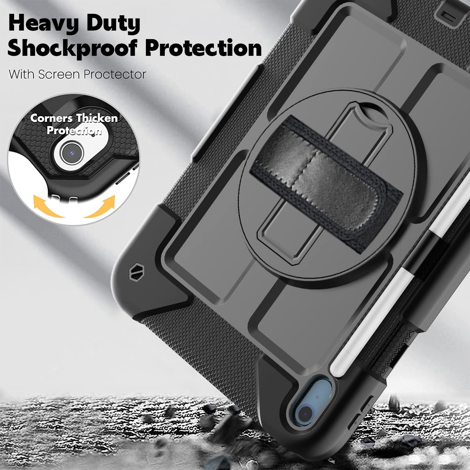 Bmouo Ipad 10Th Generation Case 10.9 Inch 2022   With Screen Protector, 360 Rotating Stand & Pencil Holder & Hand & Shoulder Str