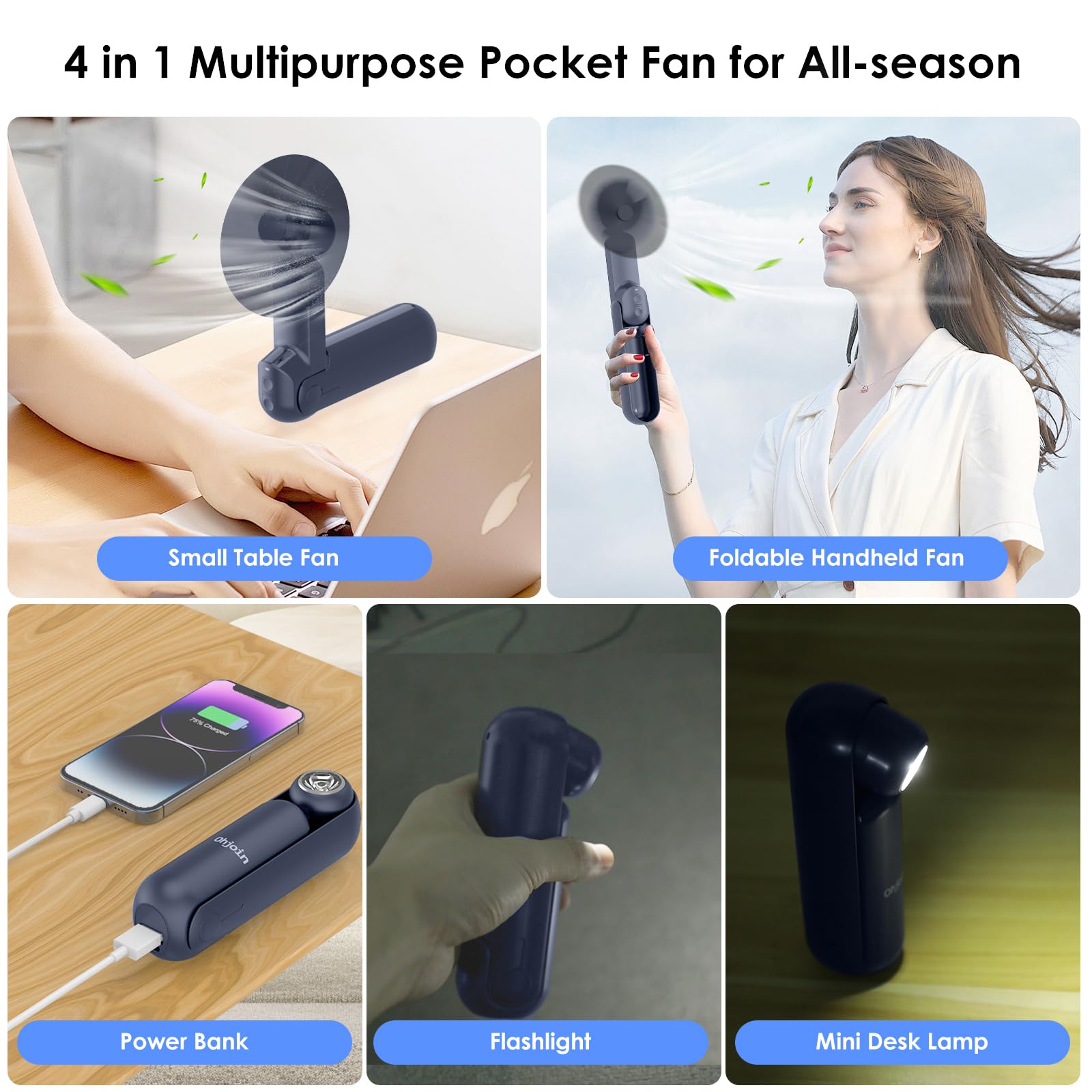 Ohjoin 4 In 1 Portable Handheld Fan,Personal Foldable Pocket Fan With Power Bank, Usb Rechargeable Hand Fan With Flashlight,Smal