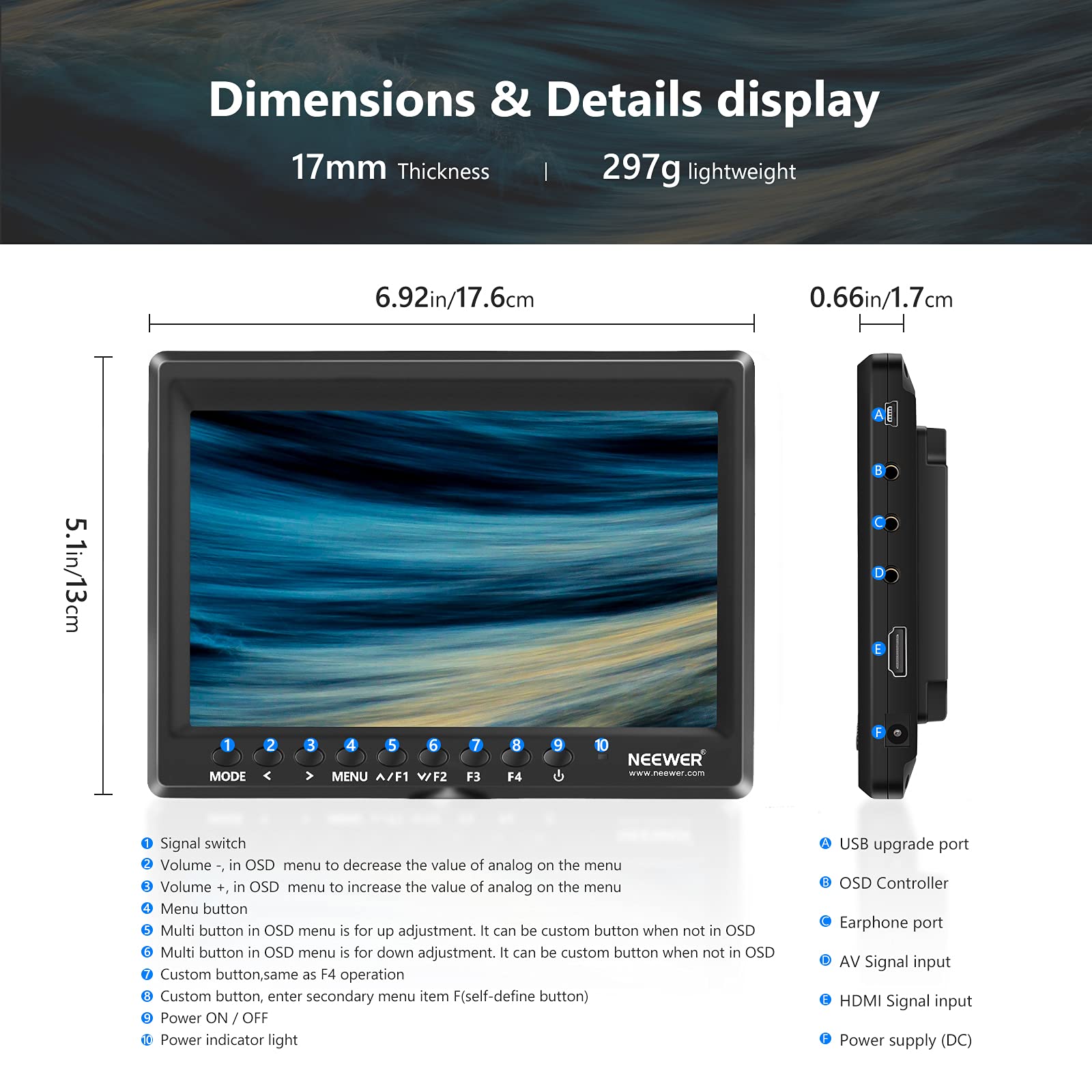 Neewer F100 7 Inch Camera Field Monitor Hd Video Assist Slim Ips 1280X800 Hdmi Input 1080P With 2600Mah Li Ion Battery/Usb Charg