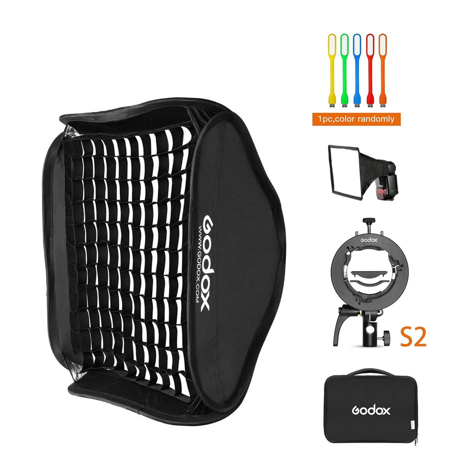 Godox 24X24Inch / 60X60Cm Foldable Flash Softbox &Grid With Godox S2 S Type Speedlite Bracket Bowens Mount And Carrying Case For