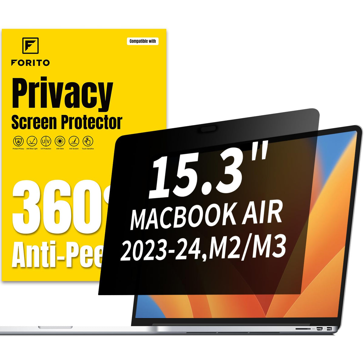 F Forito 360 Privacy Screen Protector Compatible With Macbook Air 15.3 Inch (2023, 2024, M2, M3), Anti Peeping And Anti Glare La