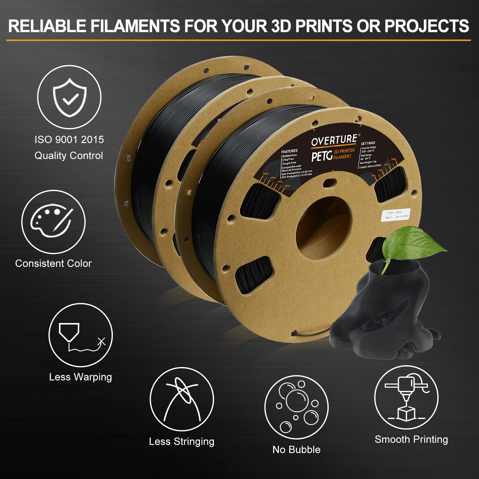 Overture Petg Filament 1.75Mm, 3D Printer Filament, 2Kg Spool (4.4Lbs), Dimensional Accuracy 99% Probability +/  0.03Mm, Fit Mos