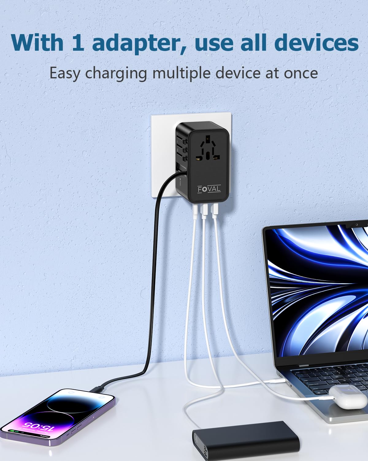 Foval Universal Travel Adapter, 70W Fast Gan International Power Adapter With Retractable Usb C Cable, Usb C &2 Usb A Qc Ports,