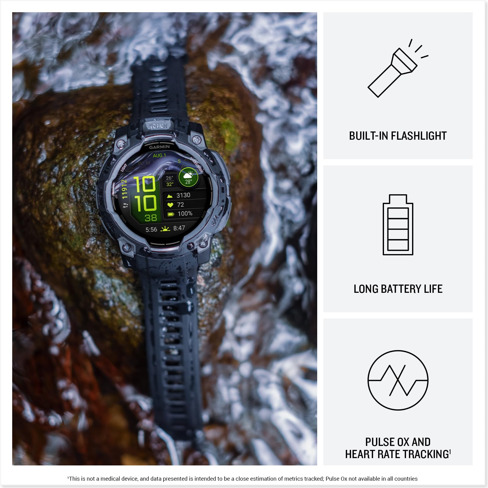 Garmin Instinct? 3 45Mm, Amoled Display, Rugged Outdoor Gps Smartwatch, Metal Reinforced Bezel, Built In Flashlight, Up To 18 Da