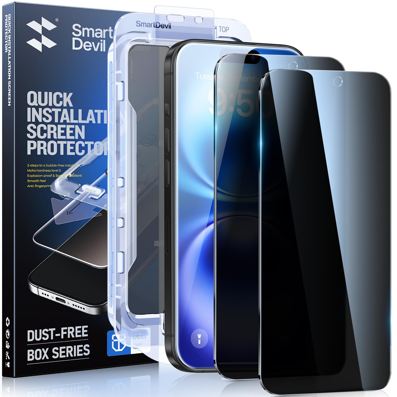 Smartdevil 2 Pack For Iphone 16 Plus Privacy Screen Protector, 9H Protection Anti Spy Privacy Glass Tempered Film With Auto Dust