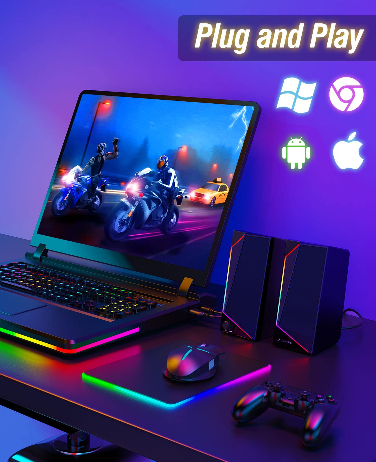 Lenrue Computer Speakers, Usb/Usb C Powered Pc Speakers With Loud Stereo Sound, Headphone In For Desktop, Imac, Macbook, Laptop, Monitor (Usb C To Usb Adapter Included)