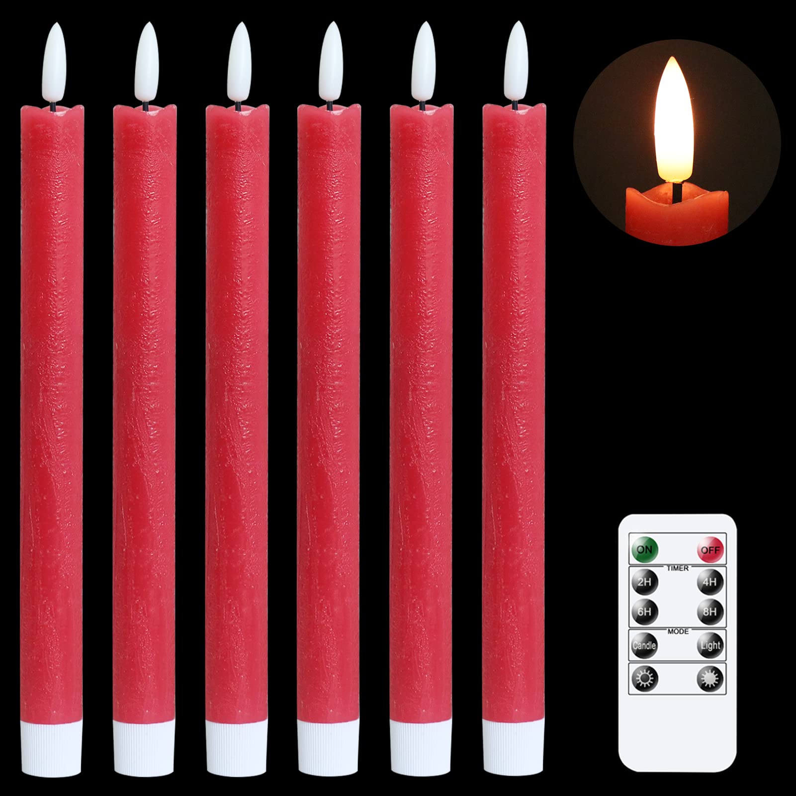 Genswin Flameless Red Taper Candles Flickering With 10 Key Remote, Battery Operated Led Warm 3D Wick Light Window Candles Real W