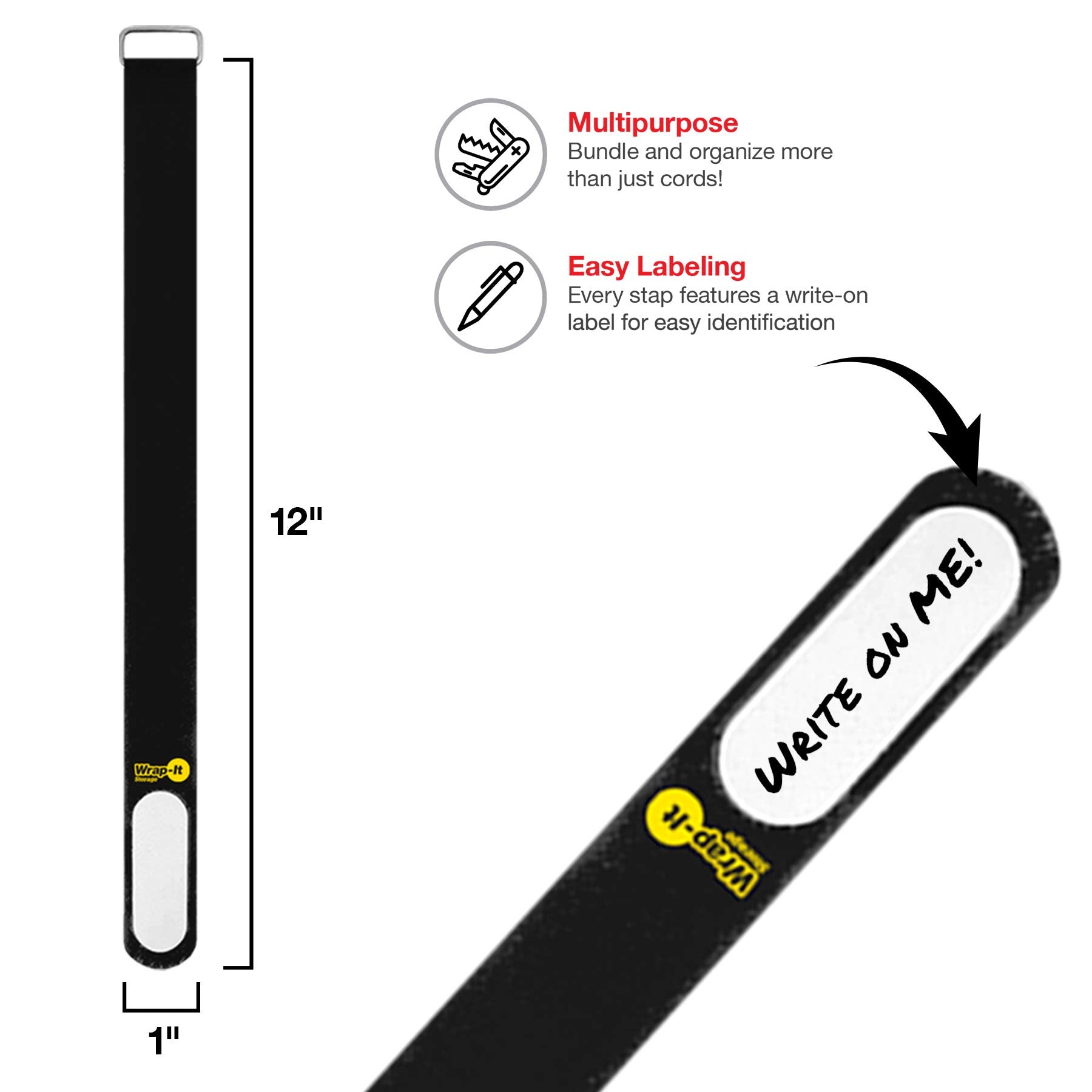 Wrap-It Storage Cinch Straps 12-inch Black with Write-on Label (16-Pack)