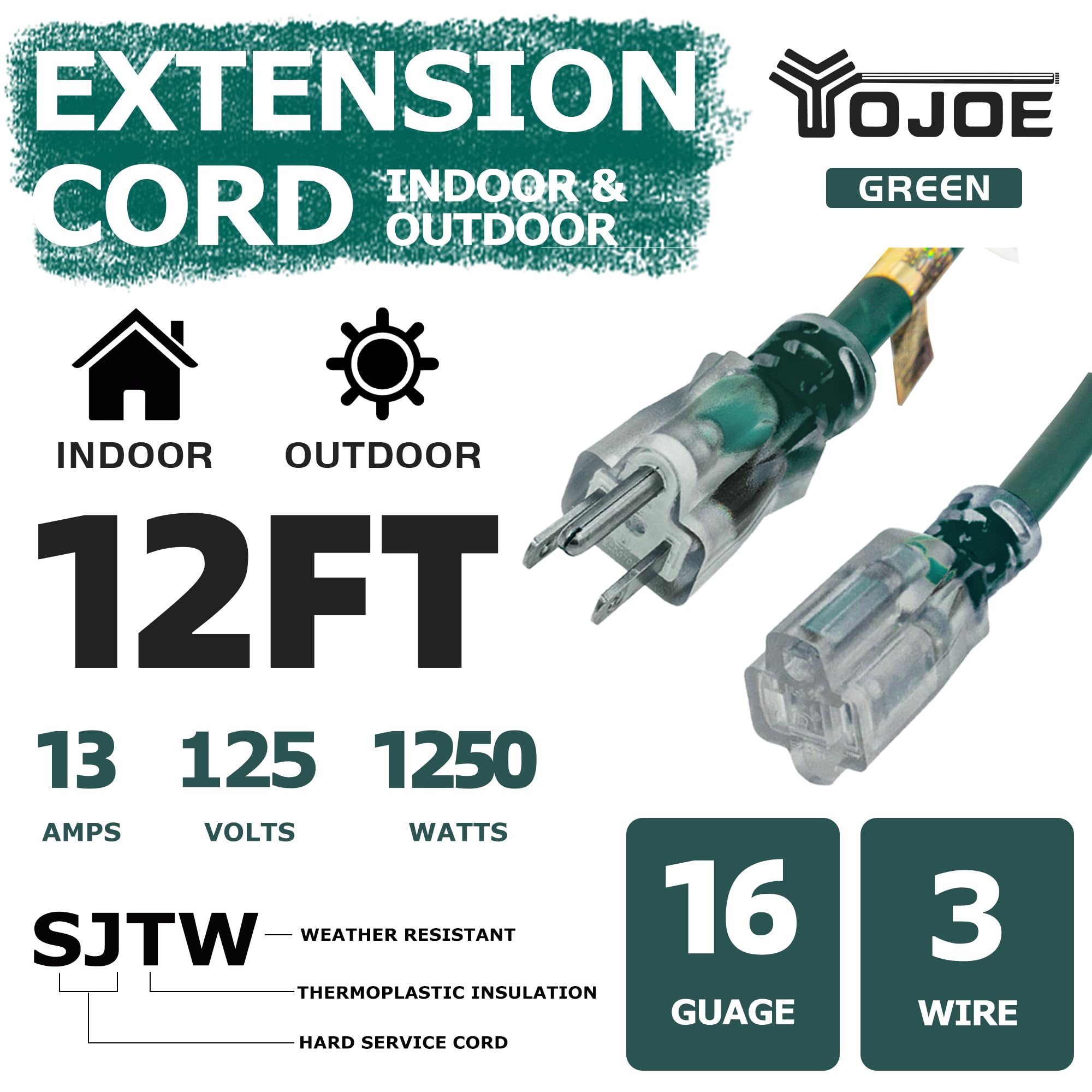 Yojoe Indoor Outdoor Extension Cord With Lighted End, 3 Prong 13A Weatherproof Power Extension Cord, 16 Gauge Heavy Duty 12 Ft G