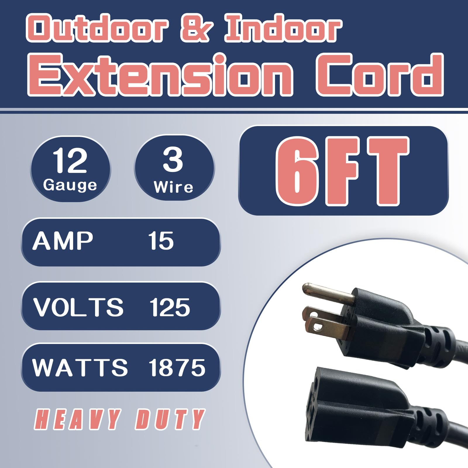 Greatide 6 Ft Outdoor Extension Cord   12/3 Sjtw Heavy Duty Black Extension Cable With 3 Prong Grounded Plug   Power Cord For La