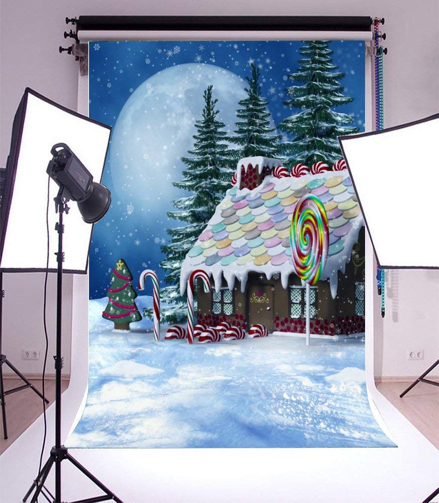 Laeacco 6X8Ft Gingerbread House Christmas Backdrop Colorful Candy House Snow Landscape Christmas Photo Backdrop Lollipops Full M