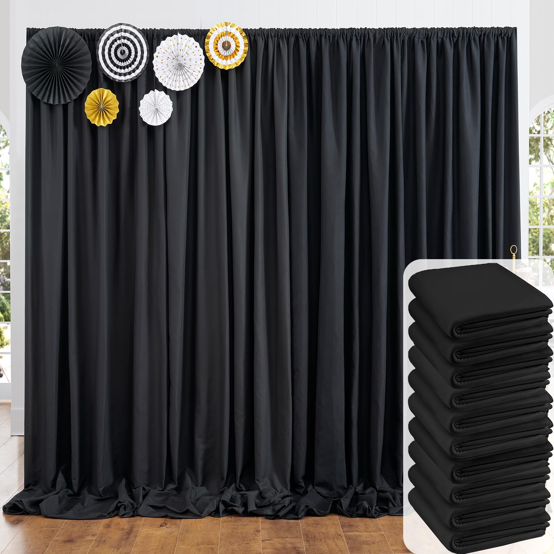 50Ft X 10Ft Black Backdrop Curtain Panels For Parties, Thick Polyester Wedding Black Photo Backdrop Drapes 10 Panels 5X10Ft For