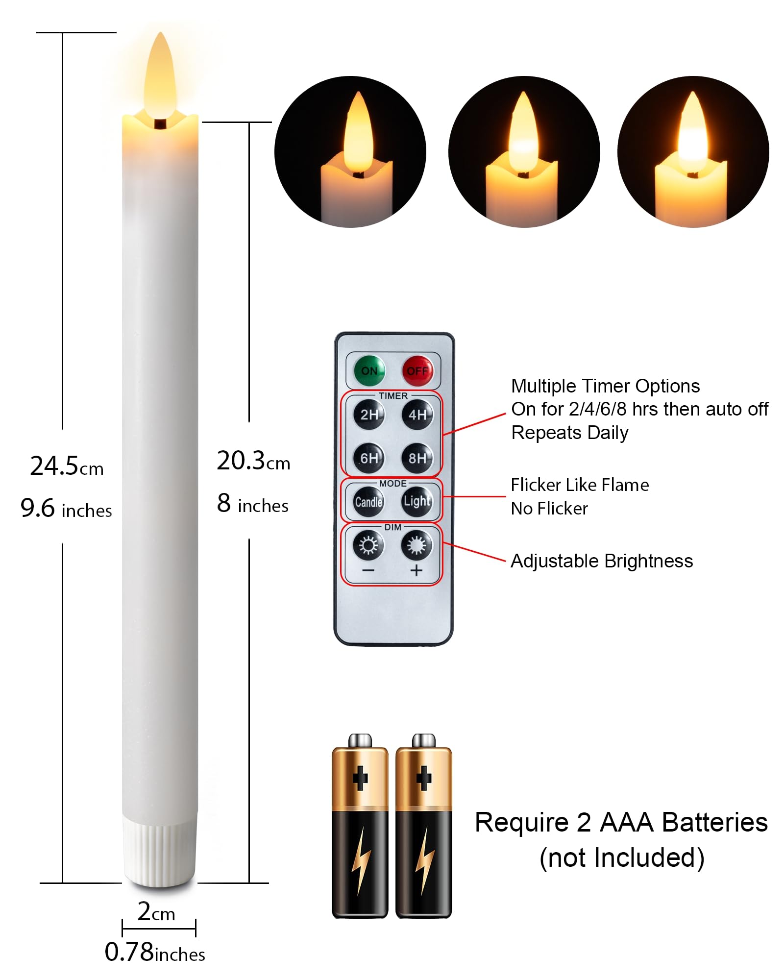 Homemory Waxy Flameless Taper Candles With Remote Timer Dimmer, Battery Operated Candlesticks Flickering, Led Window Candles Rea