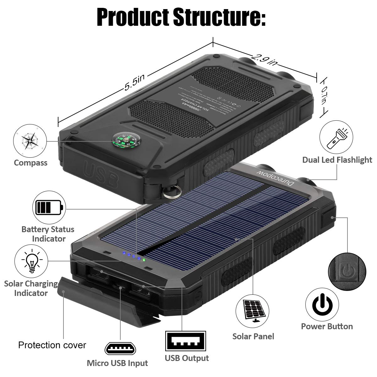 Solar Charger, 20000Mah Portable Outdoor Waterproof Solar Power Bank, Camping External Backup Battery Pack Dual 5V Usb Ports Out