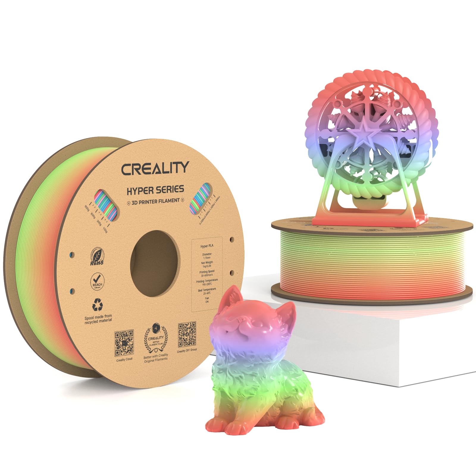 Official Creality Hyper Pla Filament Rainbow Bundle, Up To 600Mm/S High Speed 3D Printer Filament Pla, No Tangling Stronger Toug