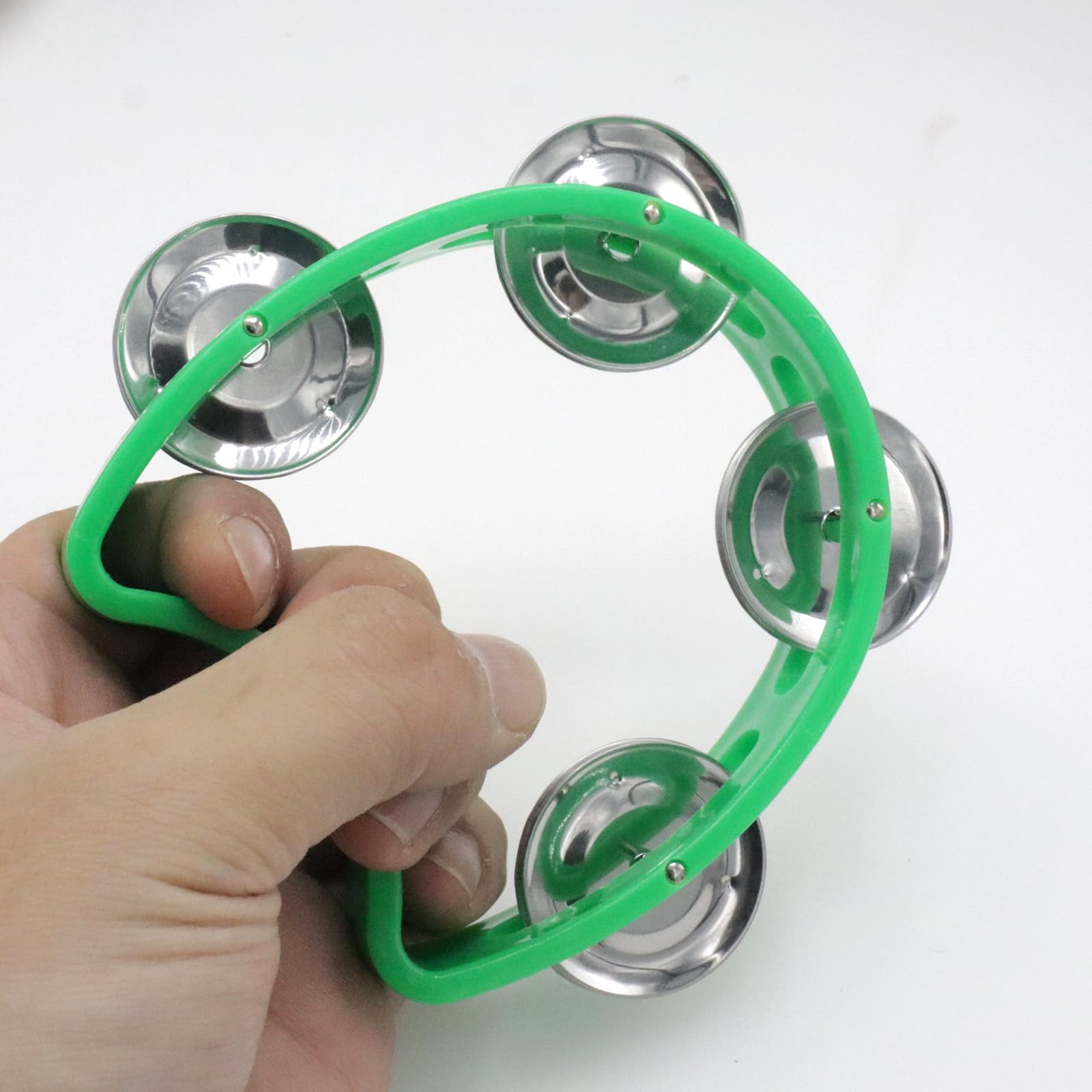 Cheerock Pack Of 2 Plastic Percussion Handheld Tambourines With 4 Jingle Bells, Green Mini Hand Bell Percussion, Musical Rhythm