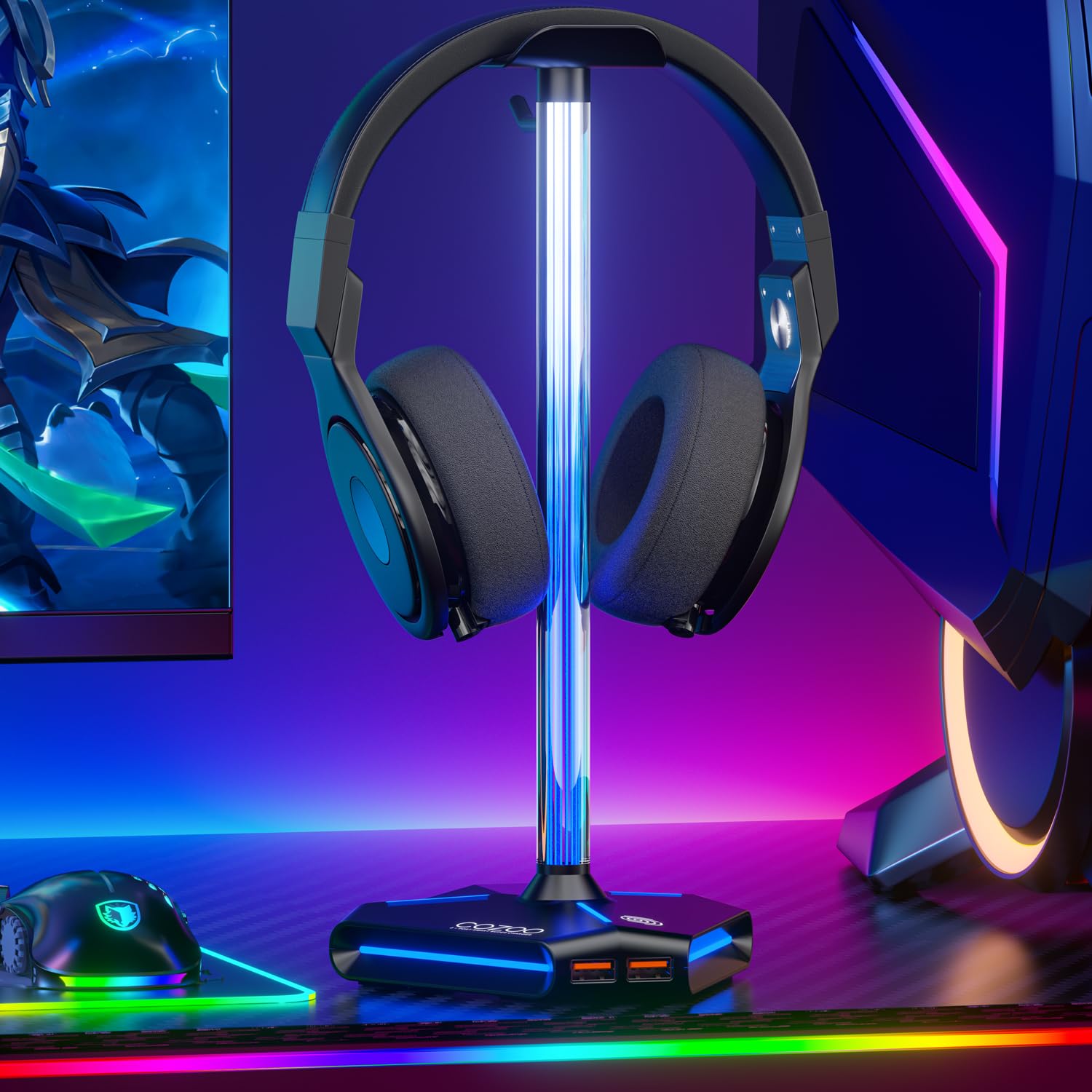 COZOO RGB Headphone Stand with 2 USB2.0 Extension Charging Port Extender Cord,Headset Stand Holder for Gamer Desktop Table Game 