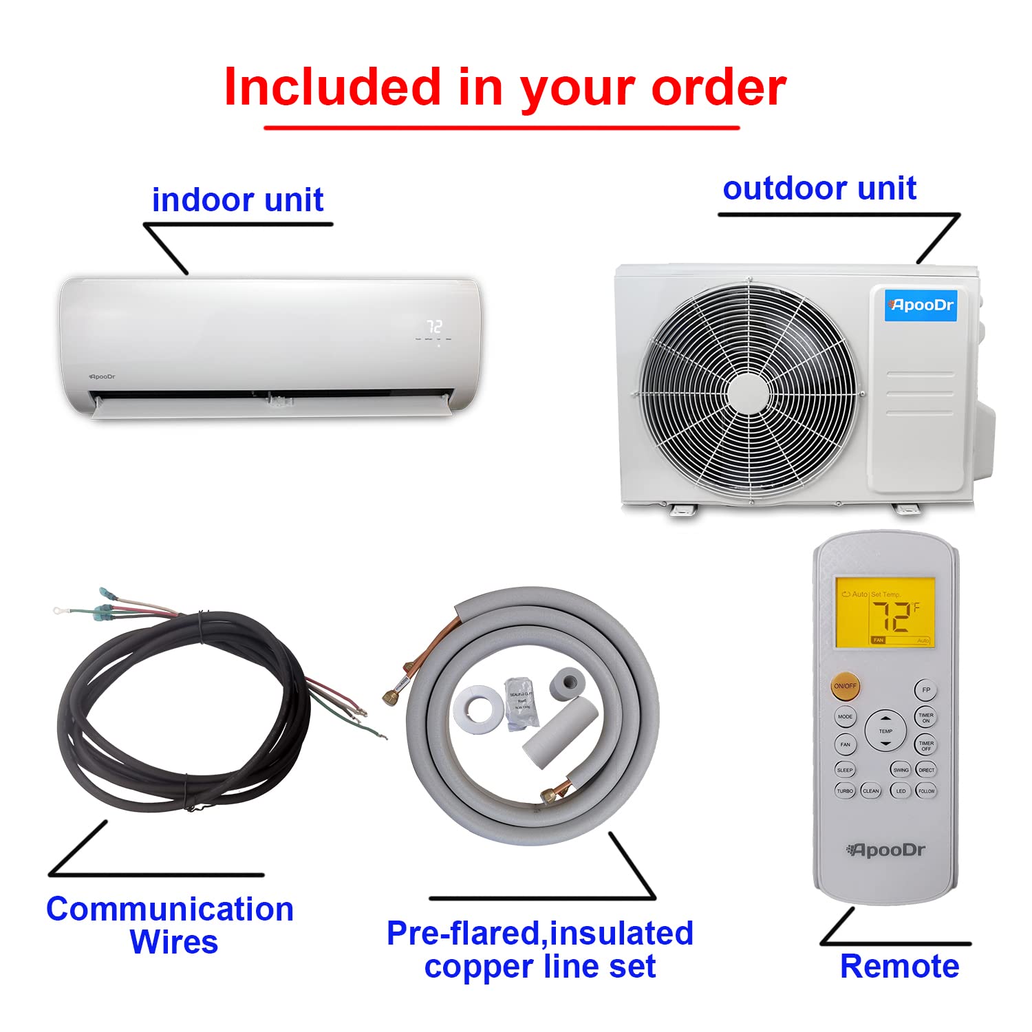 Apoodr 12000 Btu Mini Split Air Conditioner Ductless Inverter System 17.4 Seer2 With Heat Pump 110V 1 Ton,With Installation Kit