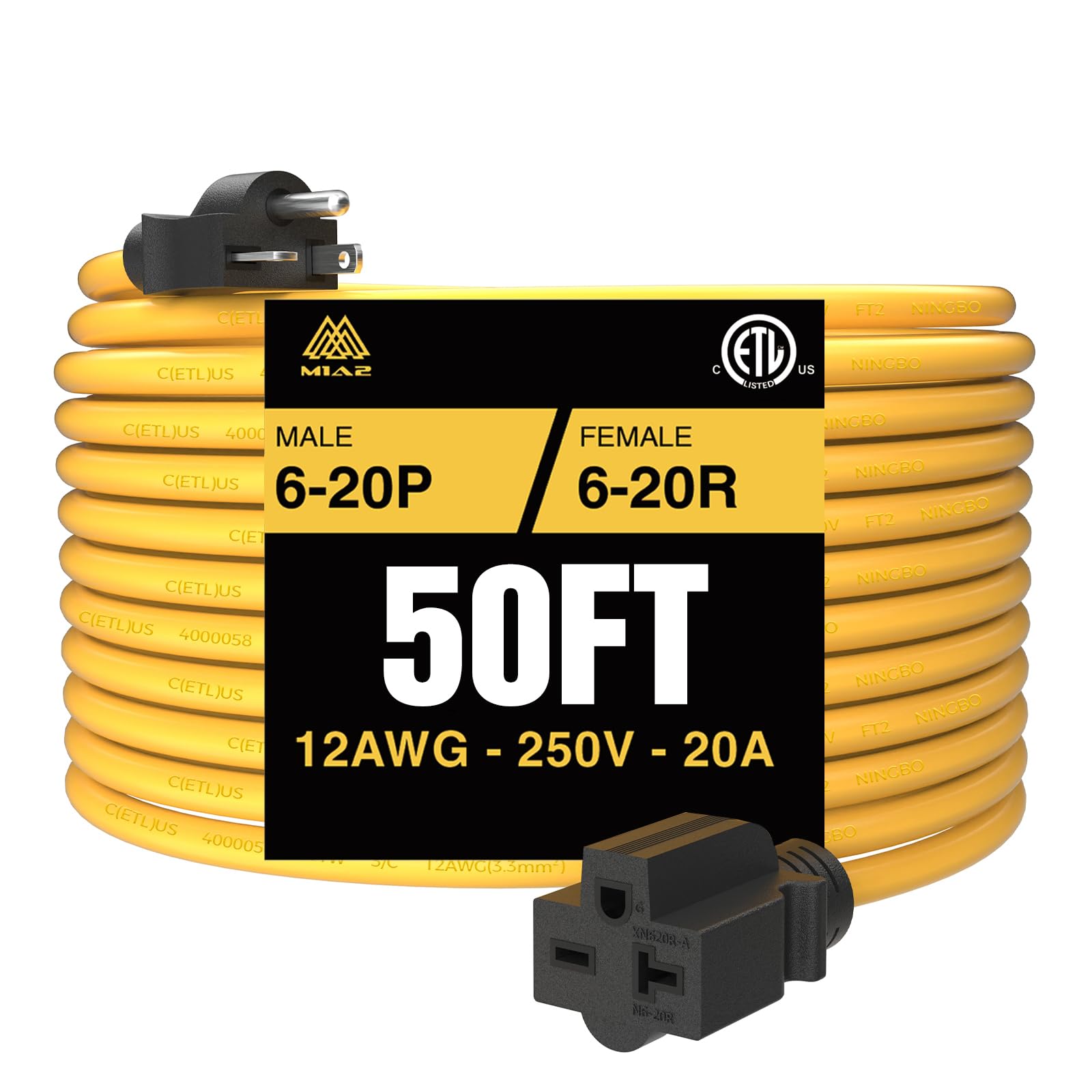 M1A2 Nema 6 20 Extension Cord 6 20P To 6 20R For Tesla Mobile Ev Level 2 Charging Heavy Duty 250 Volts 20 Amp 50Ft Etl Listed