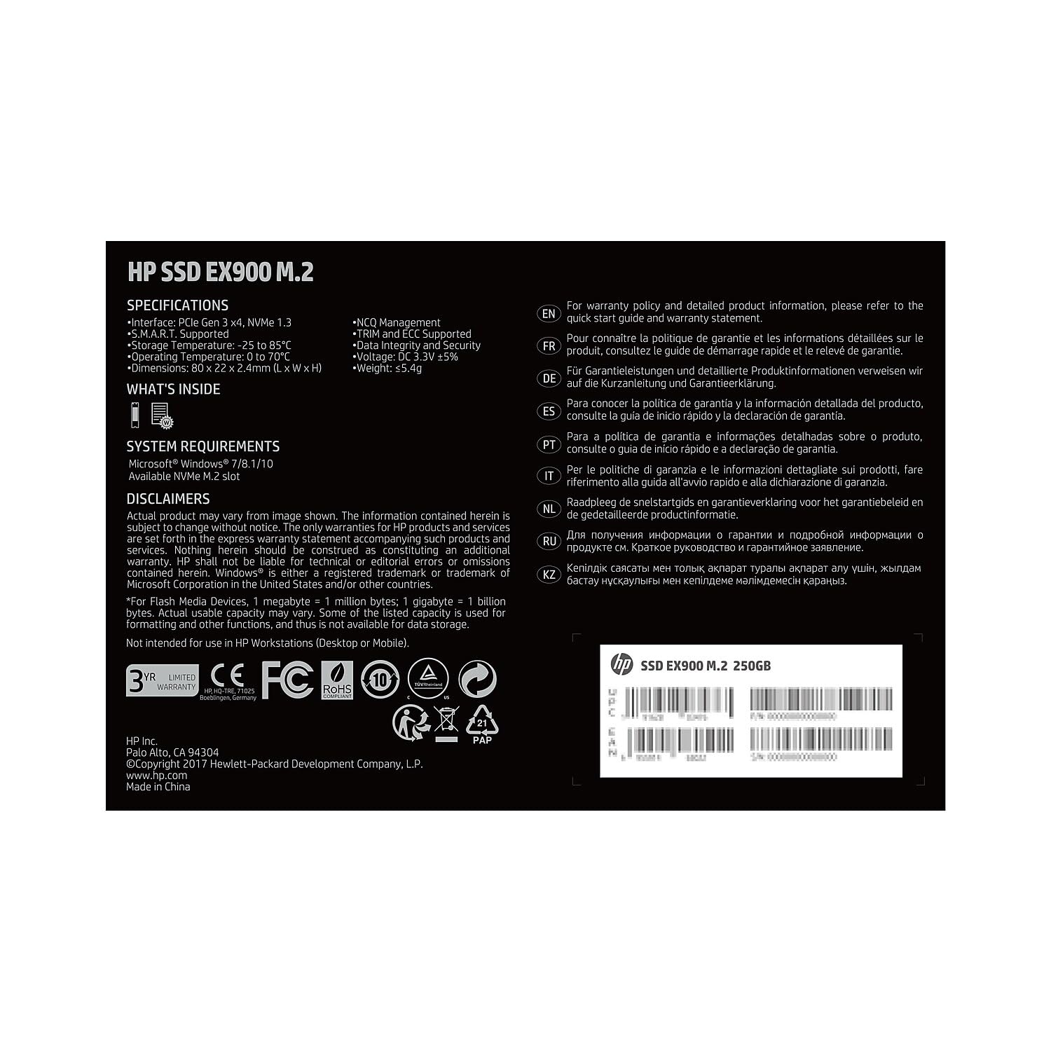 Hp Ex900 M.2 250Gb Pcie 3.0 X4 Nvme 3D Tlc Nand Internal Solid State Drive (Ssd) 2Yy43Aa#Abc