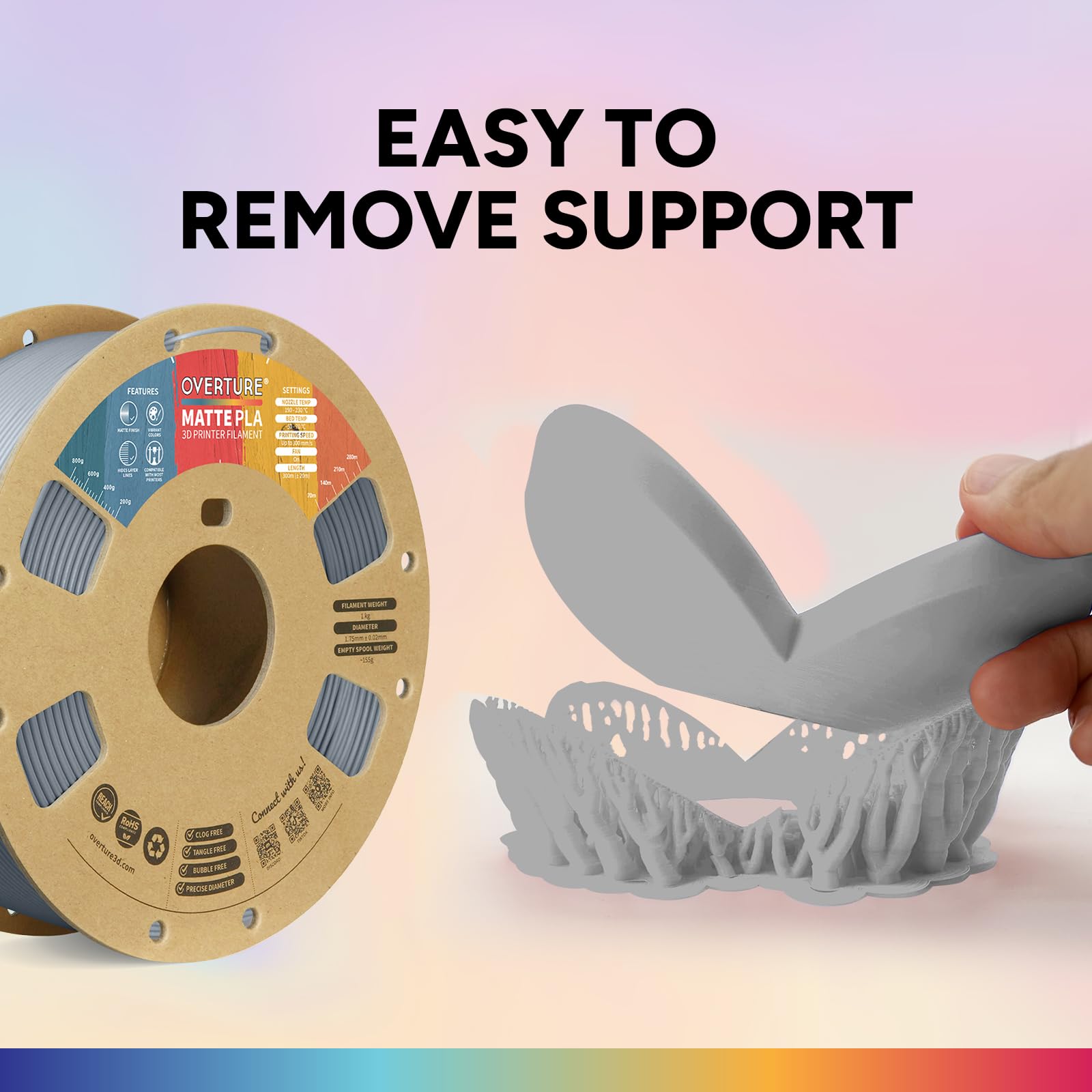 Overture Pla Matte Filament 1.75Mm, Matte Pla Roll 1Kg Cardboard Spool (2.2Lbs), Dimensional Accuracy +/  0.03 Mm (Matte Light G