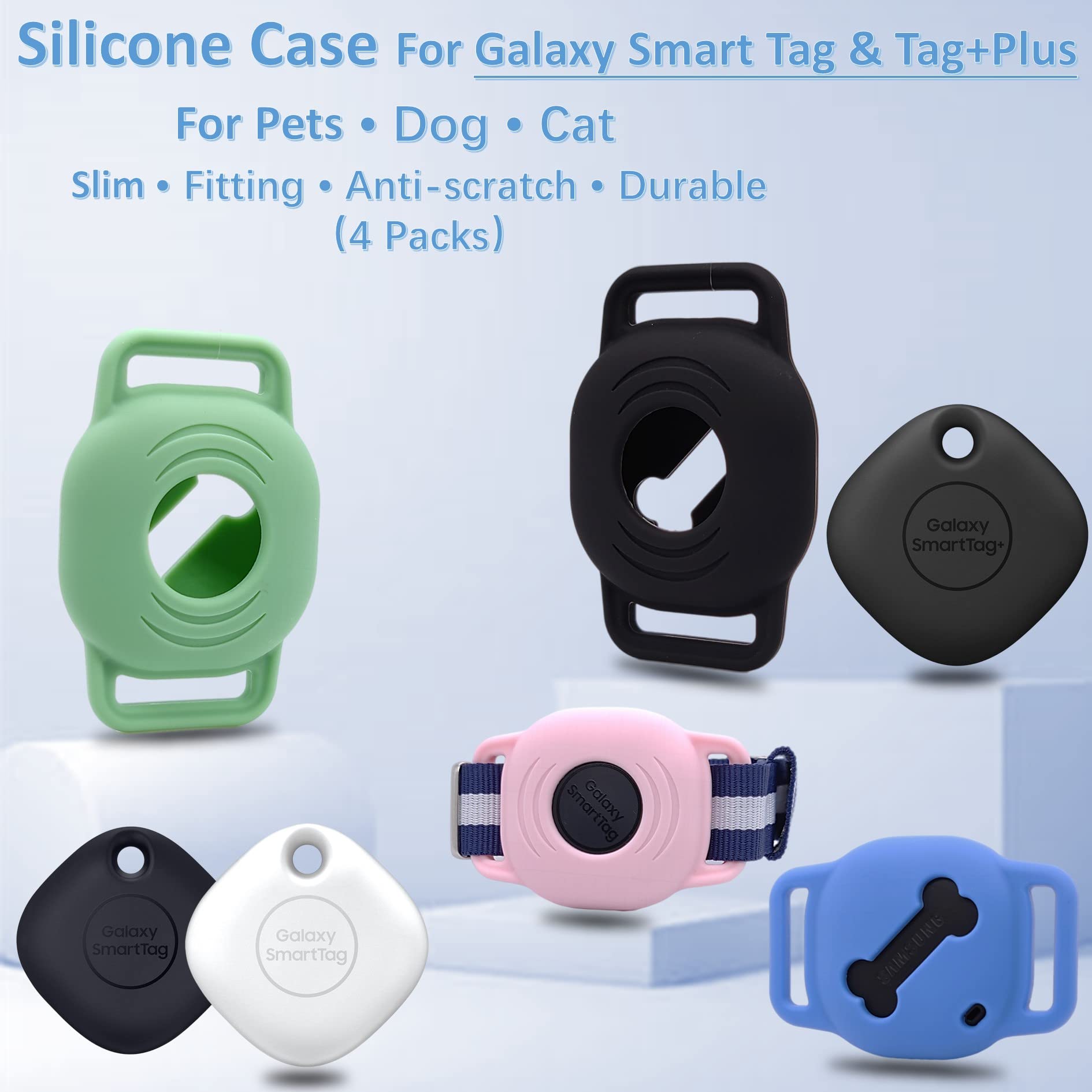 Silicone Case For Galaxy Smarttag For Dog, Slim Sleeve For Samsung Smart Tag+Plus Tracker For Pet Collar, Itag Sleeve Accessories Finder For Cat Belt Necklace Dropper, Secure Holder Bag (4 Pack)