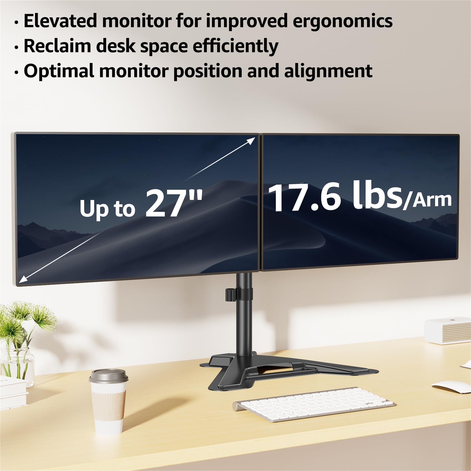 Mountup Dual Monitor Stand   Freestanding & Height Adjustable Monitor Desk Mount, Steady Vesa Mount Computer Monitor Stand For 2